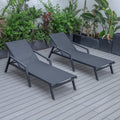 LeisureMod Marlin Patio Chaise Lounge Chair With Armrests in Black Aluminum Frame, Set of 2