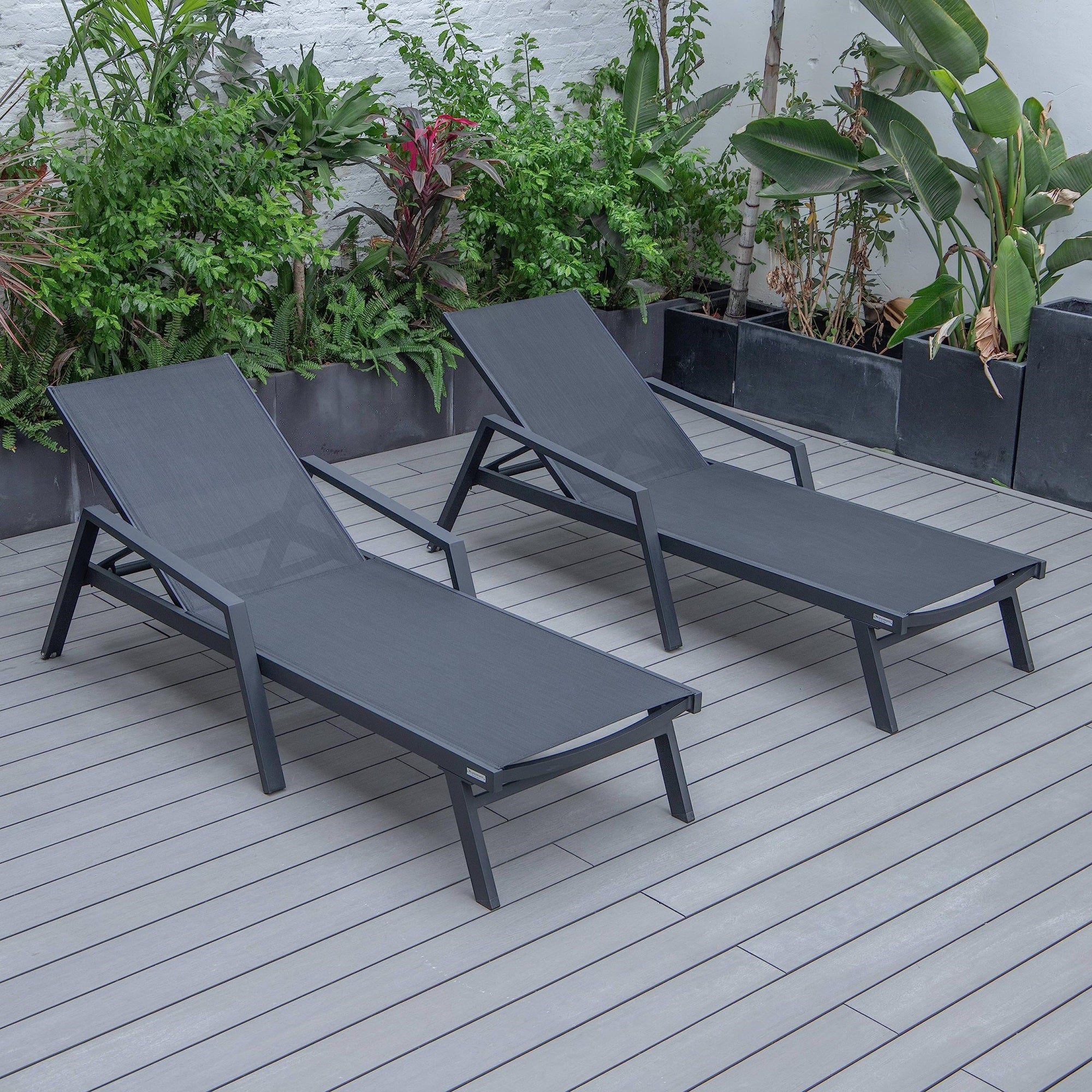 LeisureMod Marlin Patio Chaise Lounge Chair With Armrests in Black Aluminum Frame, Set of 2