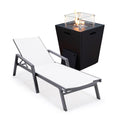 LeisureMod Marlin Modern Black Aluminum Outdoor Patio Chaise Lounge Chair With Arms and Square Fire Pit Side Table Perfect for P