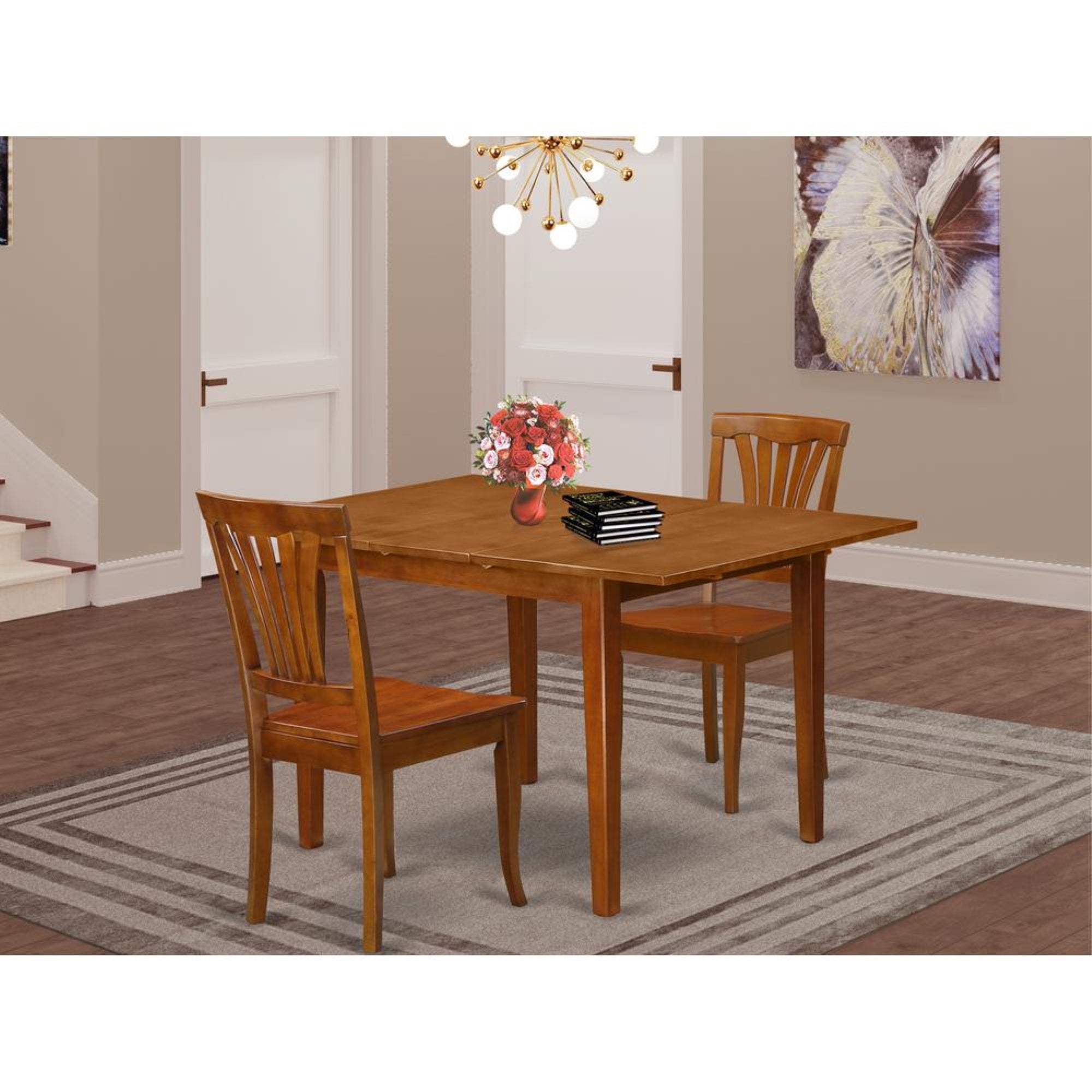 East West Furniture MLAV3-SBR-W 3 Piece Dining Room Furniture Set Contains a Rectangle Kitchen Table with Butterfly Leaf and 2 Dining Chairs, 36x54 Inch, Saddle Brown