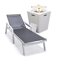 LeisureMod Marlin Modern White Aluminum Outdoor Patio Chaise Lounge Chair With Arms and Square Fire Pit Side Table Perfect for P