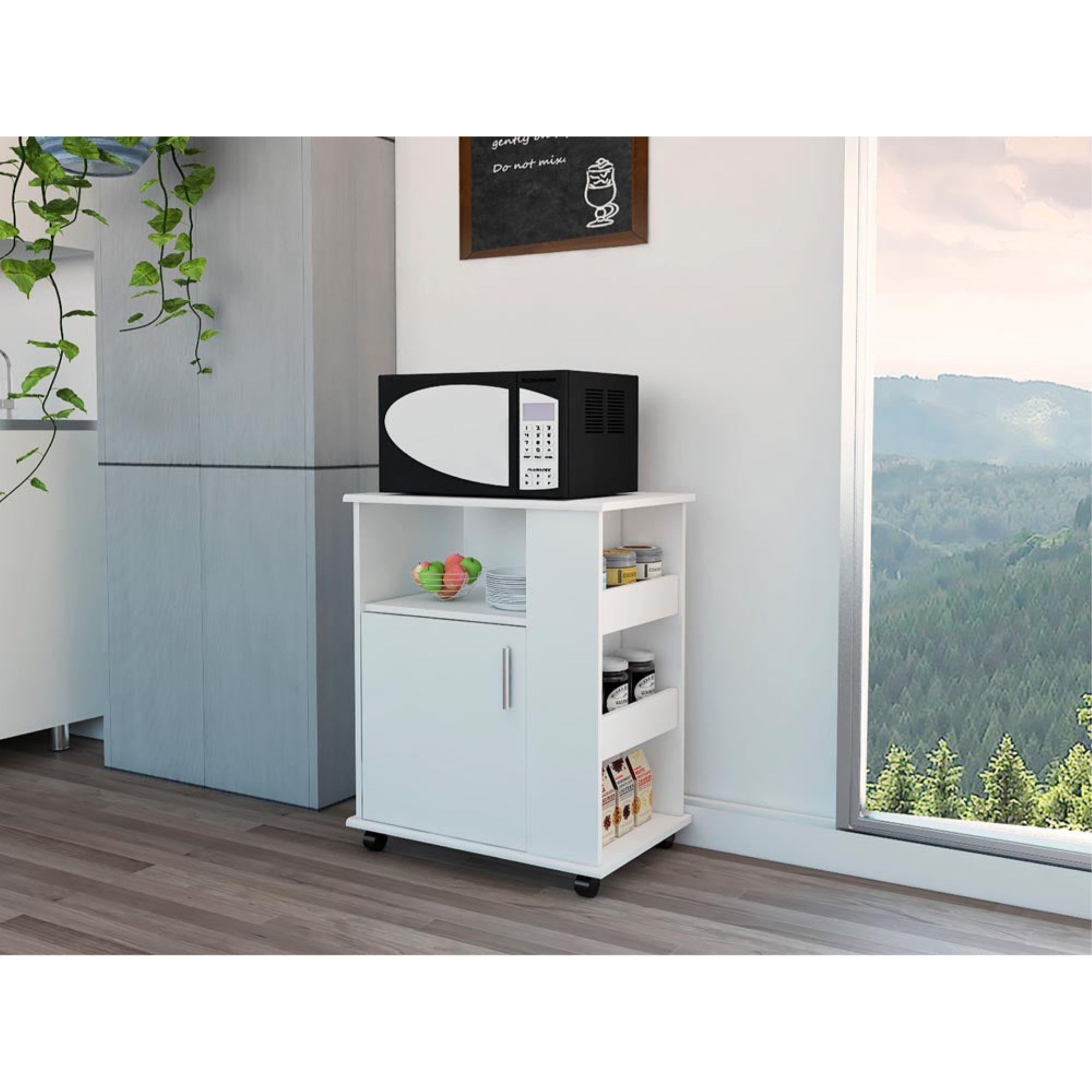 TUHOME Kitchen Service Cart, Countertop For Microwave,Three Lateral Shelves, Two Internal Shelves, One-Door Cabinet, White, For 