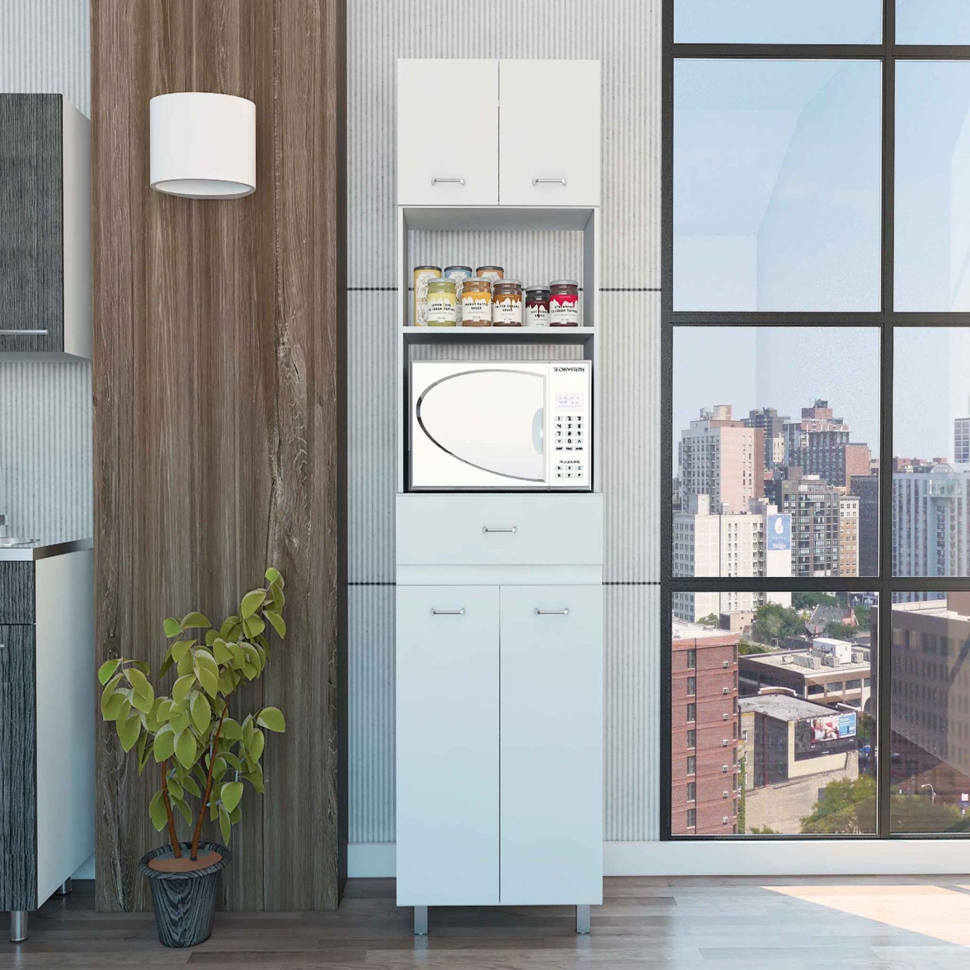 TUHOME Caribe Microwave Cabinet, Four Legs,One Drawer, Two-Doors Cabinets, One Shelf For Microwave, White, For Kitchen Room