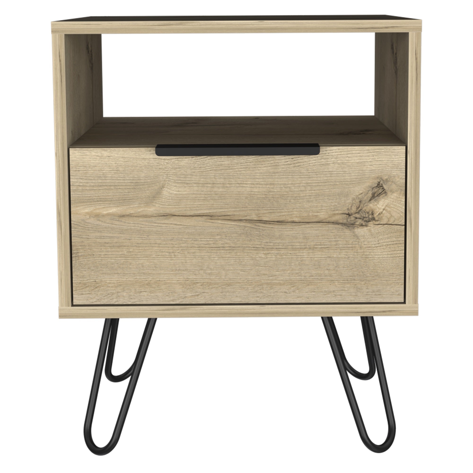 TUHOME Augusta Night Stand, Four Steel Legs, Two Shelves, One-Door Drawer-Light Oak, For Bedroom
