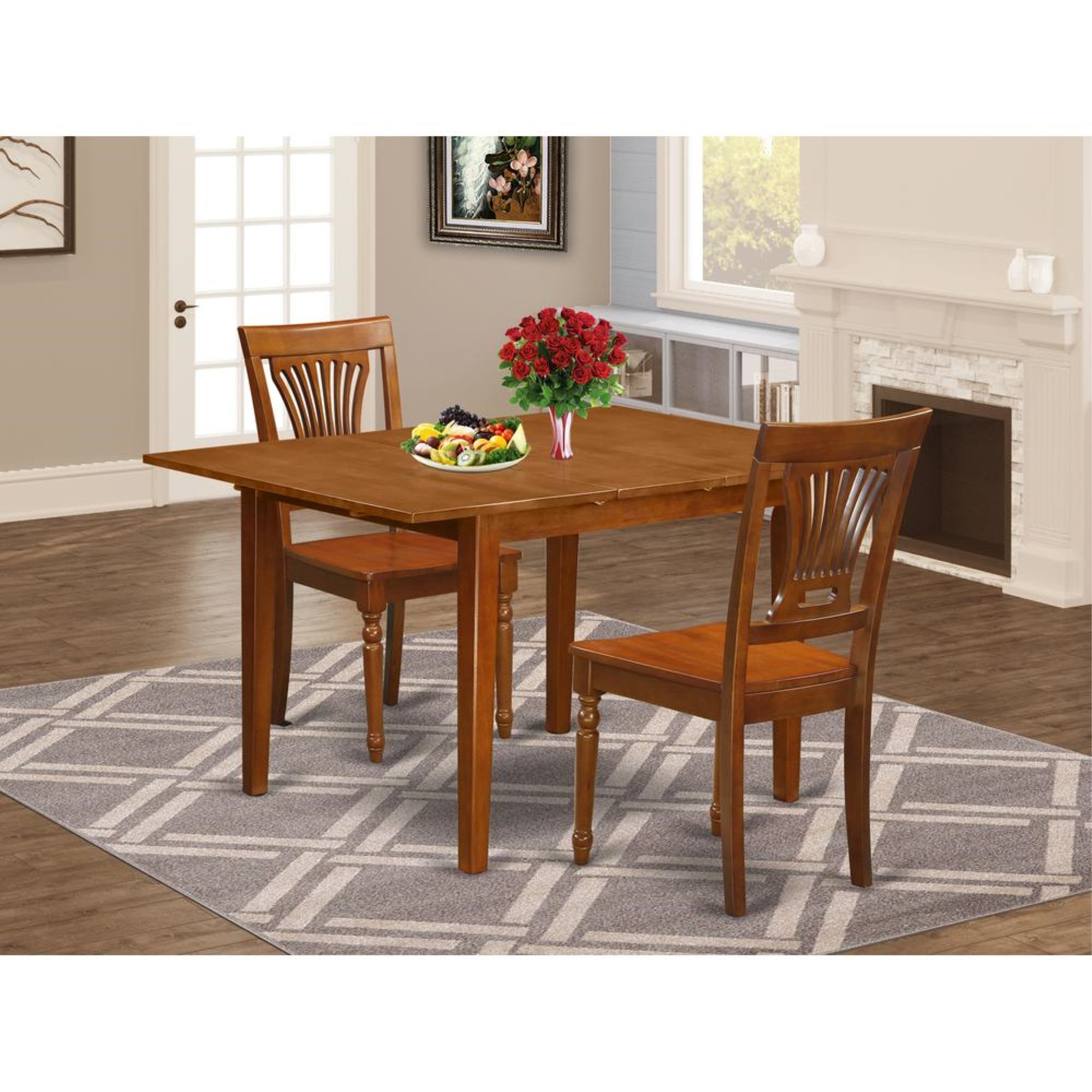 East West Furniture MLPL3-SBR-W 3 Piece Modern Dining Table Set Contains a Rectangle Wooden Table with Butterfly Leaf and 2 Dining Room Chairs, 36x54 Inch, Saddle Brown
