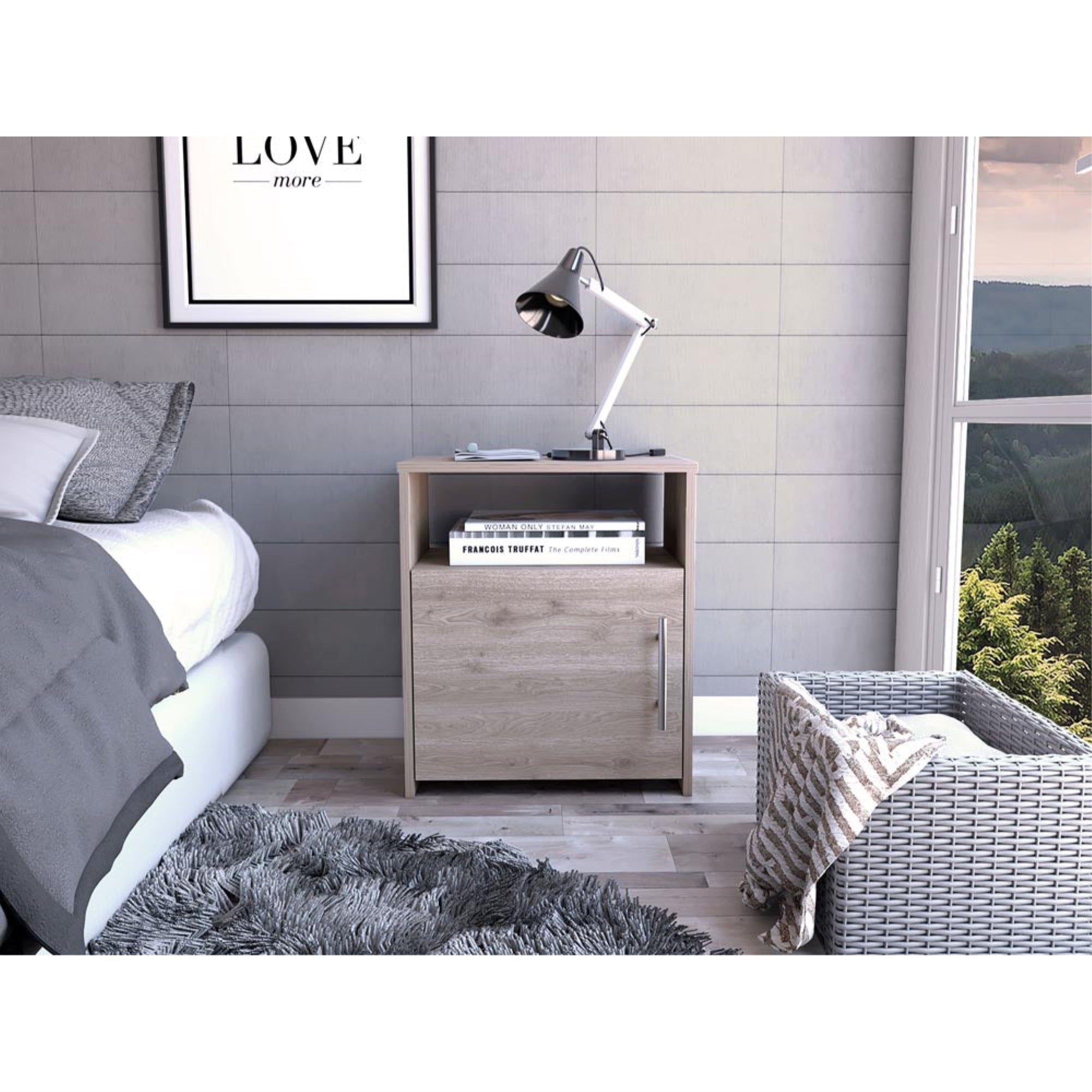 TUHOME Nordico Nightstand, One Shelf, One-Door Cabinet, Metal Handle, Countertop, Light Grey, For Bedroom