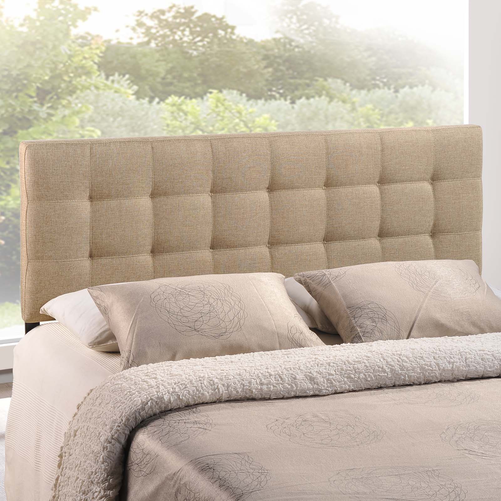 Modway Lily Tufted Linen Fabric Upholstered Queen Headboard in Beige