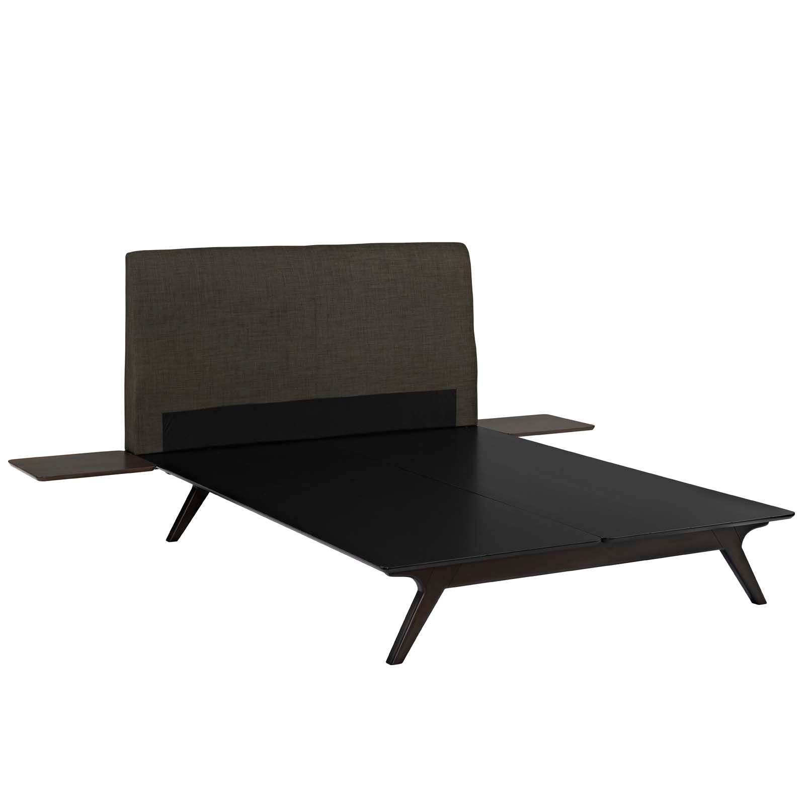 Modway Tracy Mid-Century Modern Wood Platform Queen Bed with Two Nightstands in Cappuccino Brown