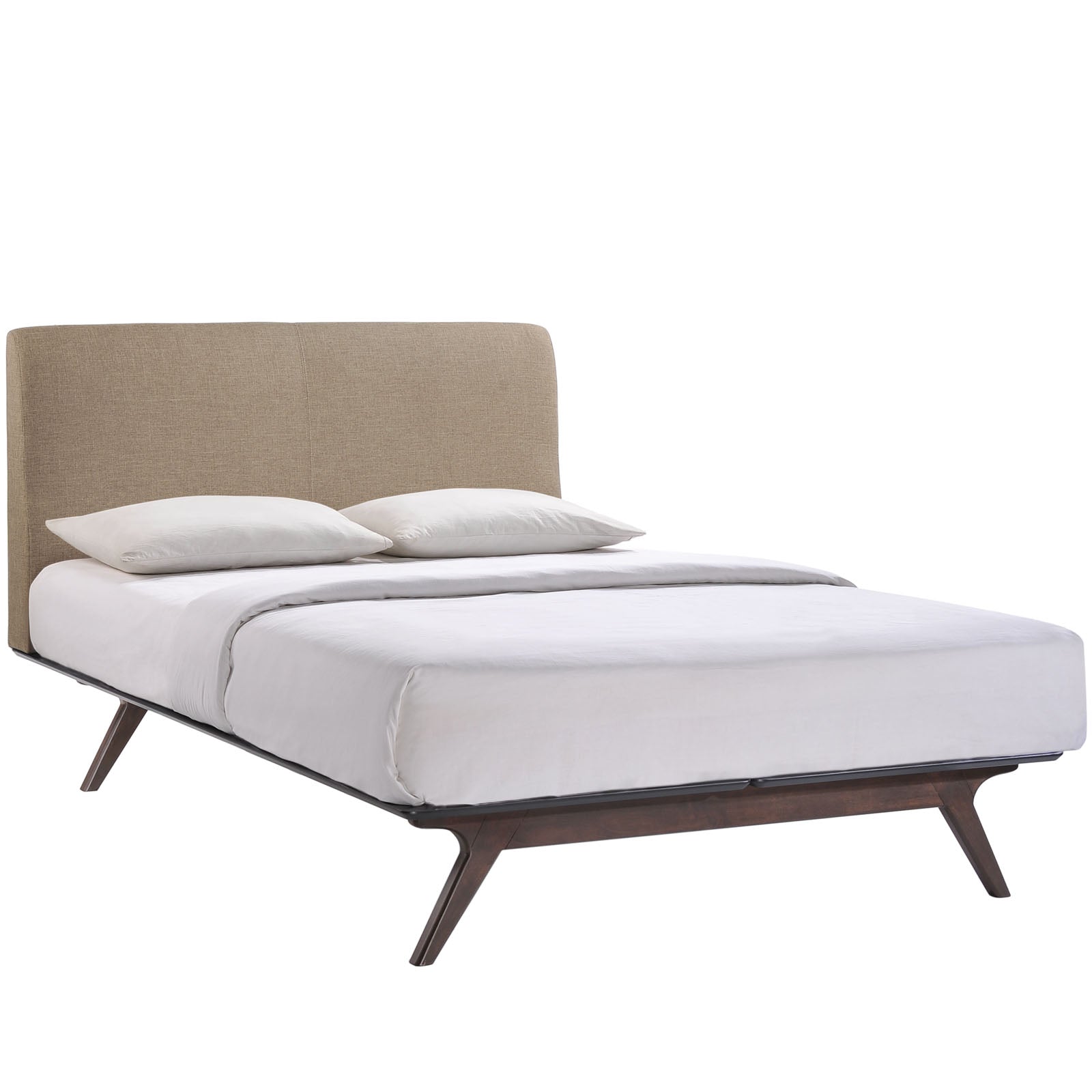 Modway Tracy Mid-Century Modern Wood Platform Queen Size Bed with a Nightstand in Cappuccino Latte