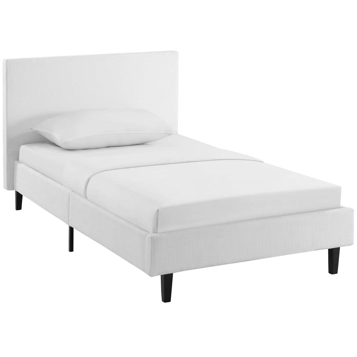 Anya Platform Bed - Avant-Garde Design, Upholstered Headboard, Solid Wood Legs, Slatted Support System - Twin Size, White