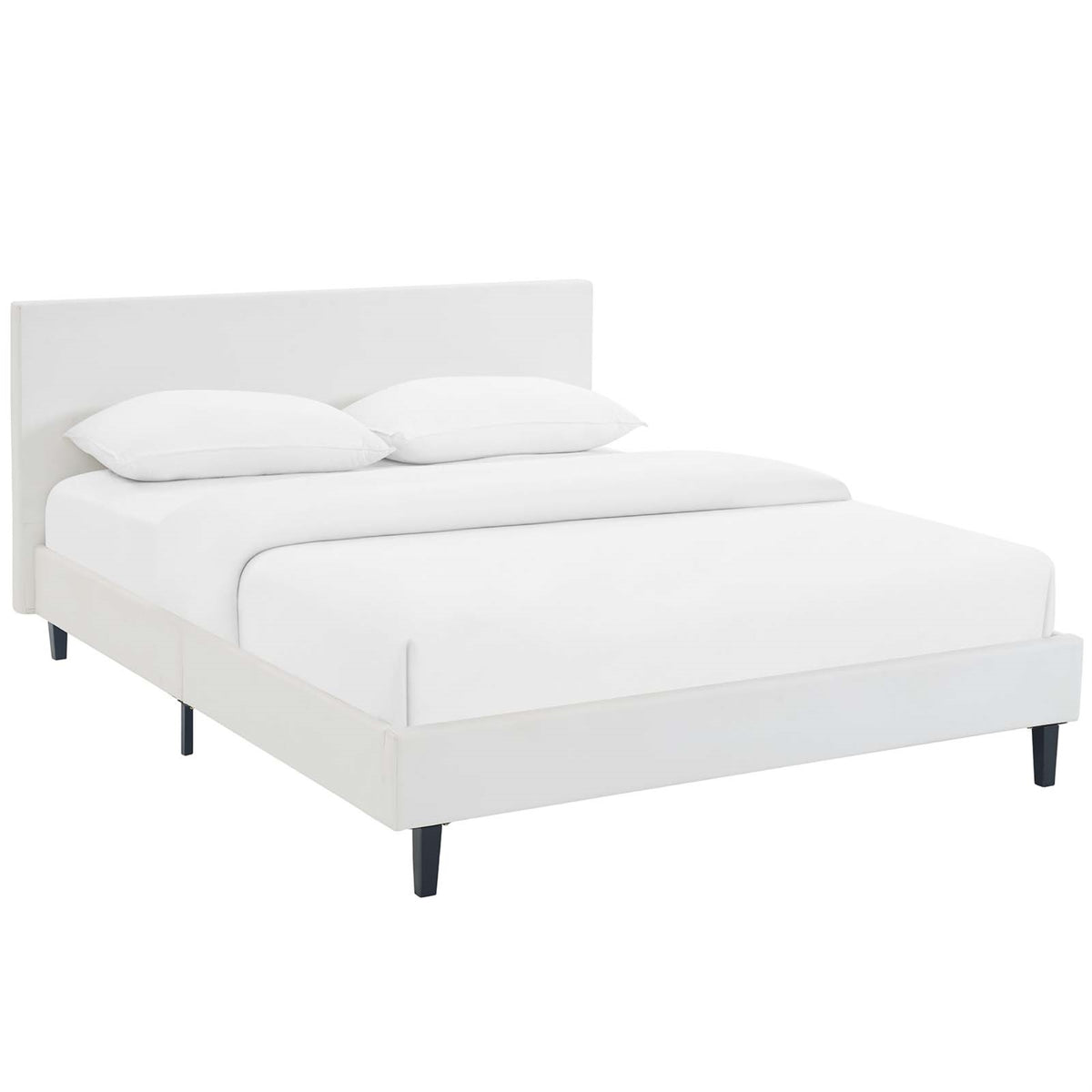 Anya Platform Bed - Contemporary Design, Padded Vinyl Headboard, Solid Wood Legs, Slatted Support System - Full Size, White