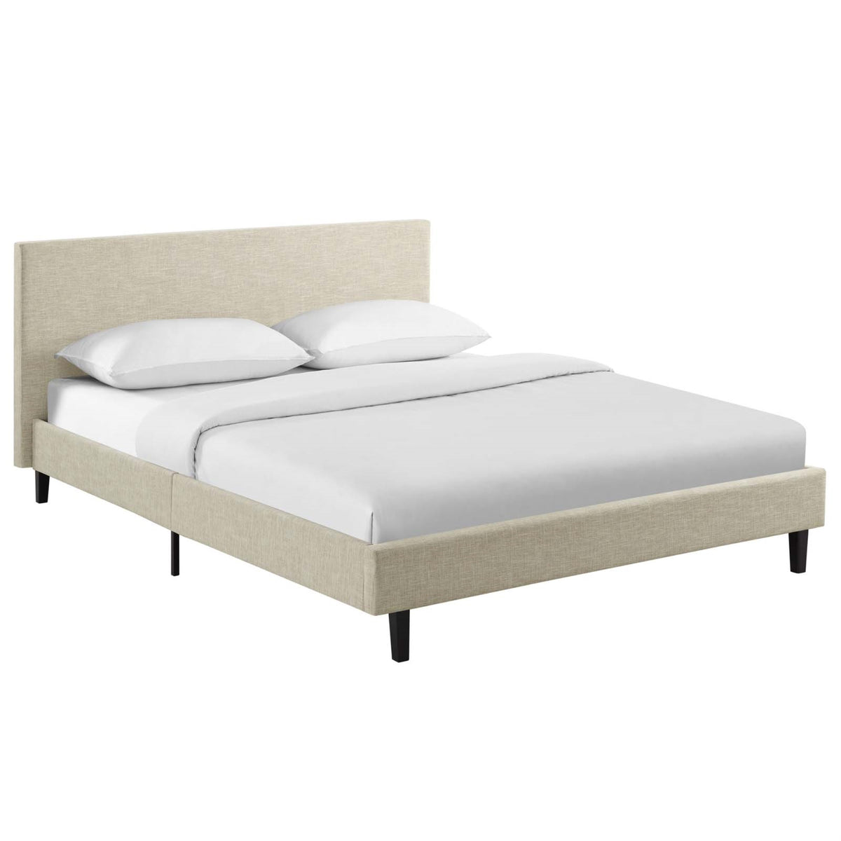 Stylish Anya Platform Bed - Upholstered Polyester Fabric, Solid Wood Legs, Slatted Support System - Queen Size, Beige