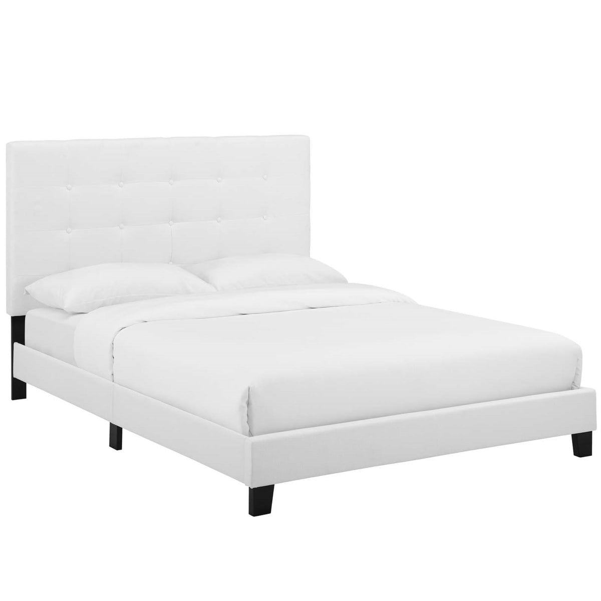 Melanie Full Platform Bed - Chic Elegance, Contemporary Style, Wood Slat Support, White Upholstery, Sturdy Frame, 800 lbs Weight