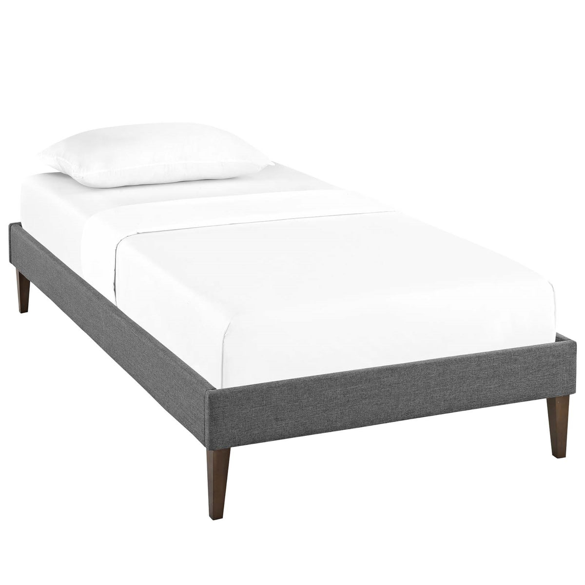 Tessie Platform Bed - Solid Wood Frame, Polyester Upholstery, Tapered Legs - Gray, Twin Size. No Box Spring Needed. Mattress Not