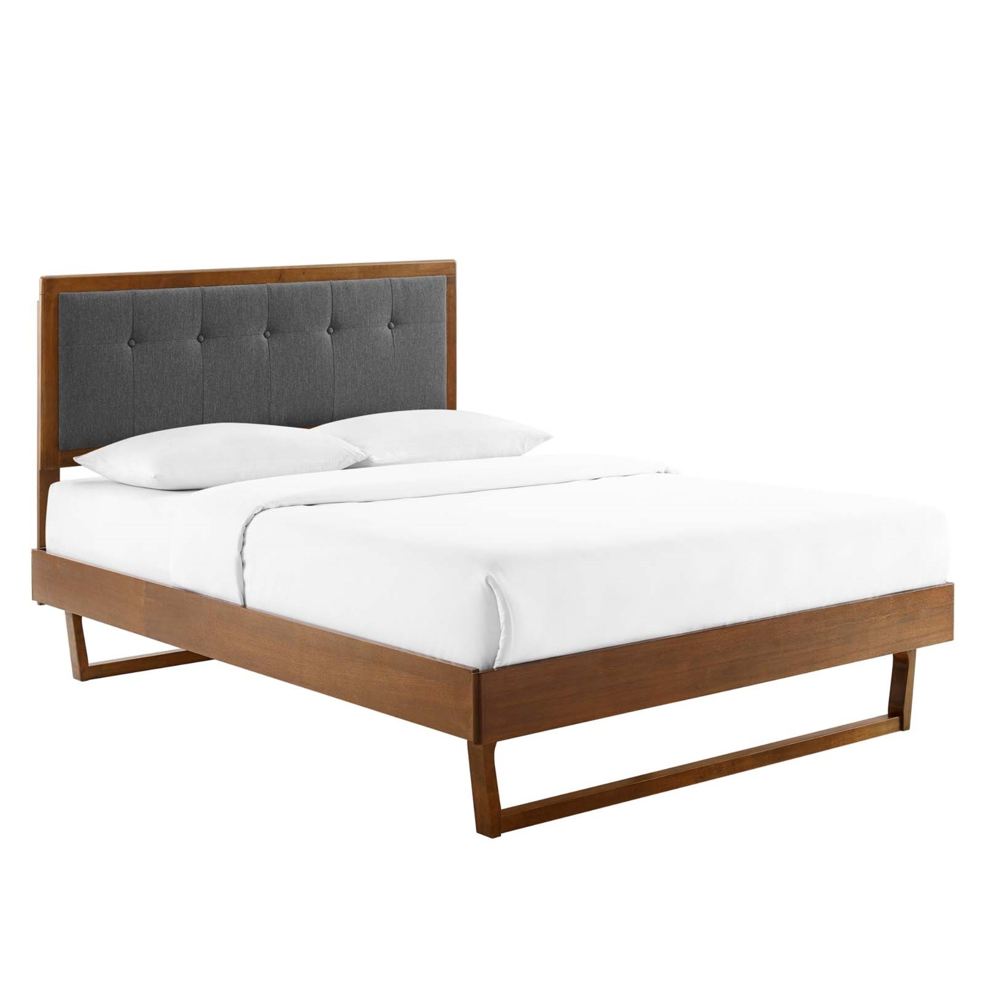 Willow Tufted Wood Queen Platform Bed - Mid-Century Design, Upholstered Headboard, Sturdy Materials, Wood Slat Support System, E