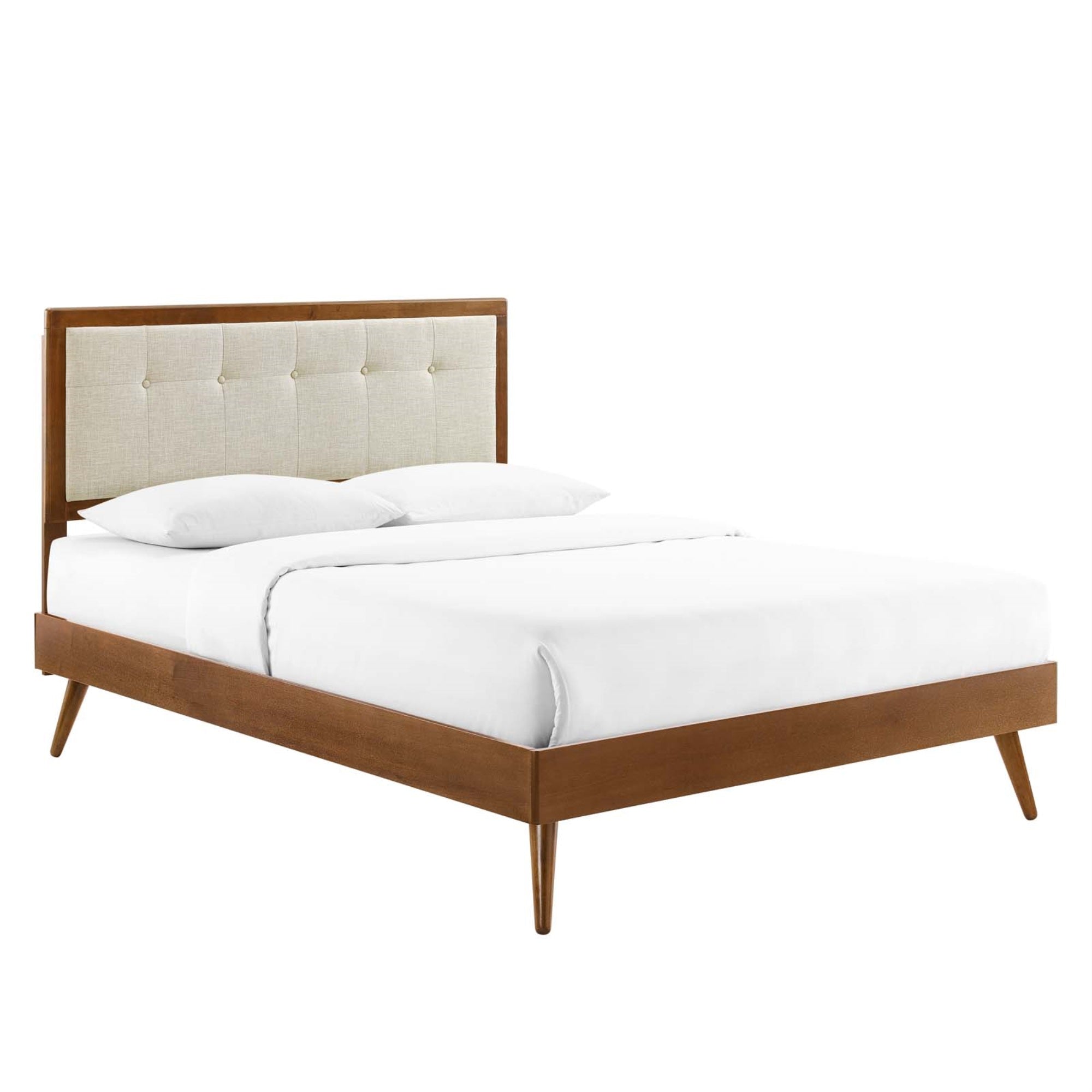 Willow Tufted Wood Queen Platform Bed - Mid-Century Style, Upholstered Headboard, Durable Construction, No Box Spring Needed - W