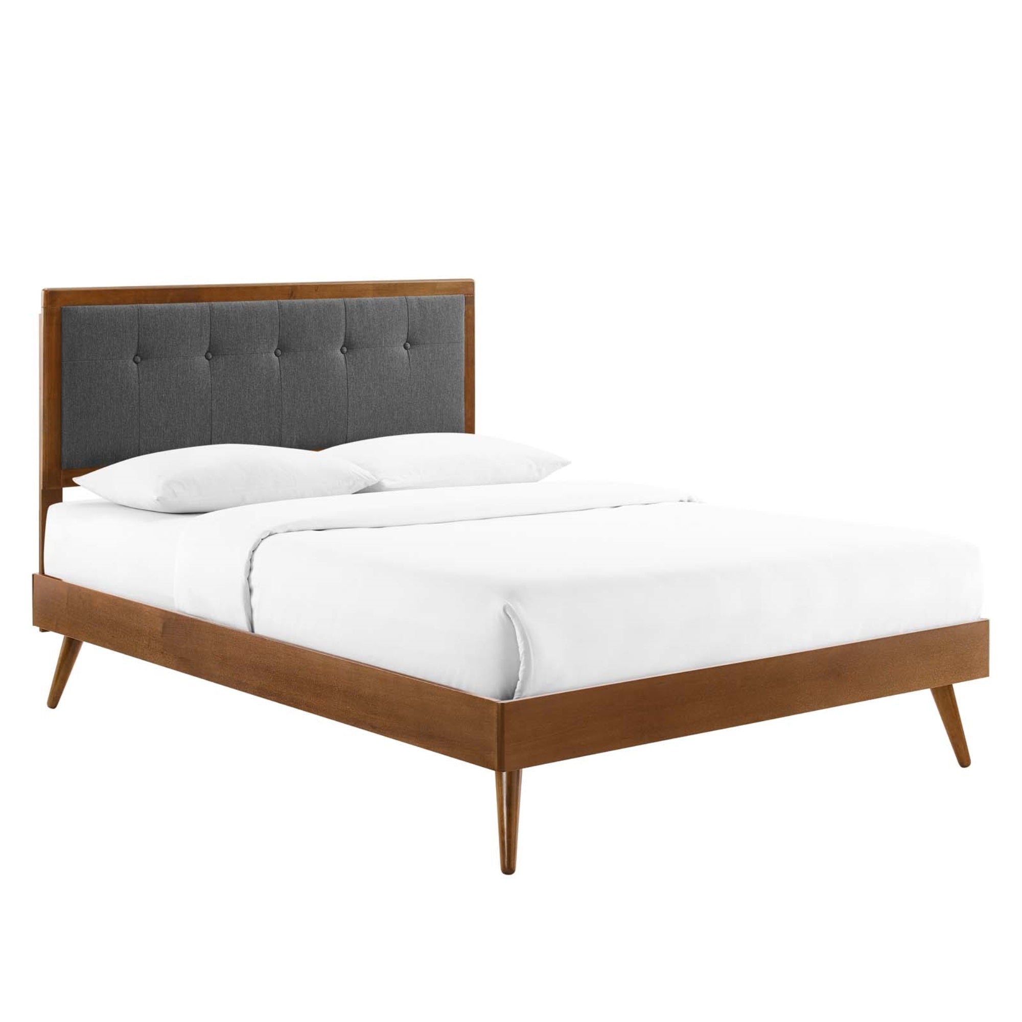 Willow Tufted Wood Queen Platform Bed - Mid-Century Design, Upholstered Headboard, Sturdy Construction, Wood Slat Support System