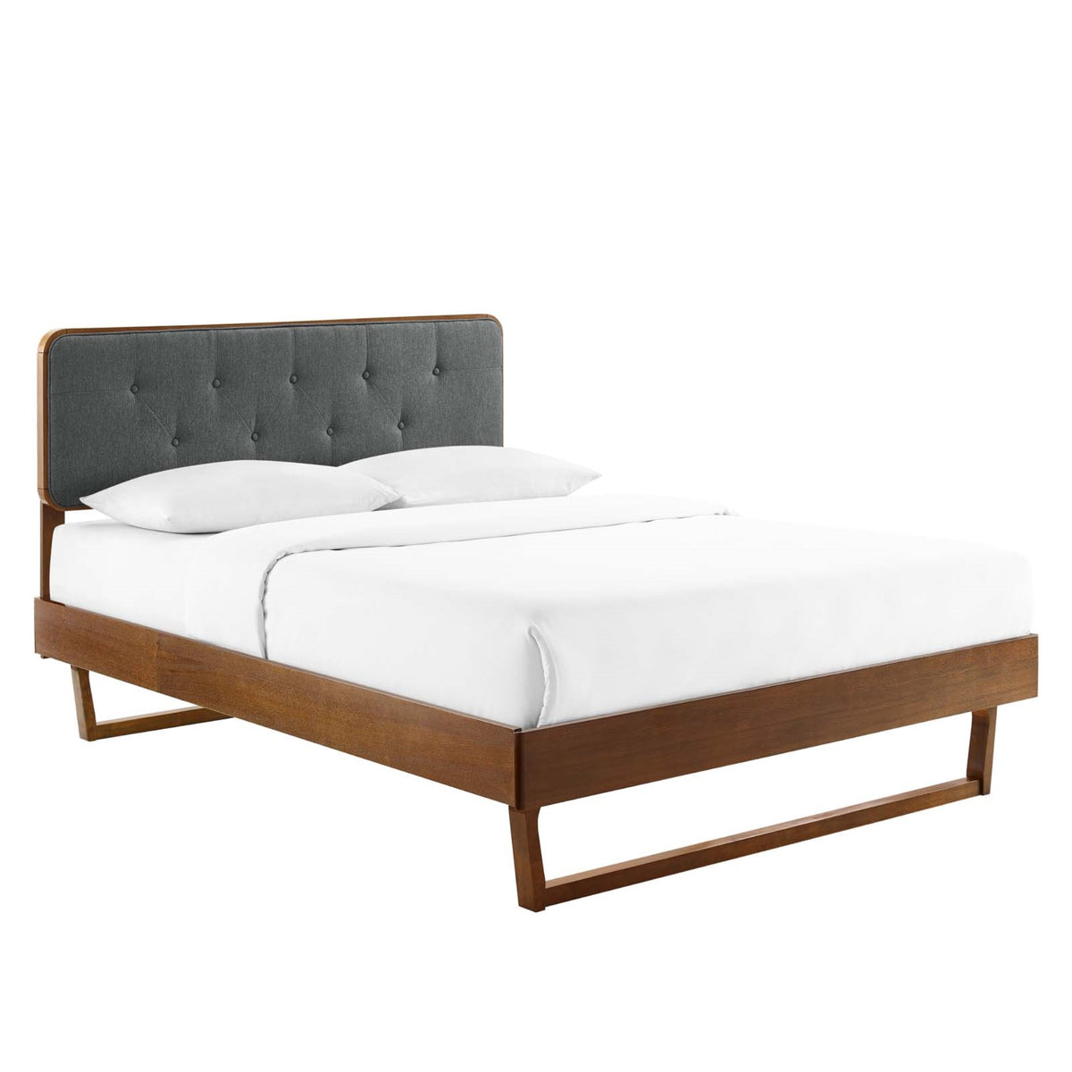 Bridgette Tufted Wood Twin Platform Bed  Retro Charm, Modern Style, Walnut Charcoal, Sturdy Frame, No Box Spring Needed, Easy A