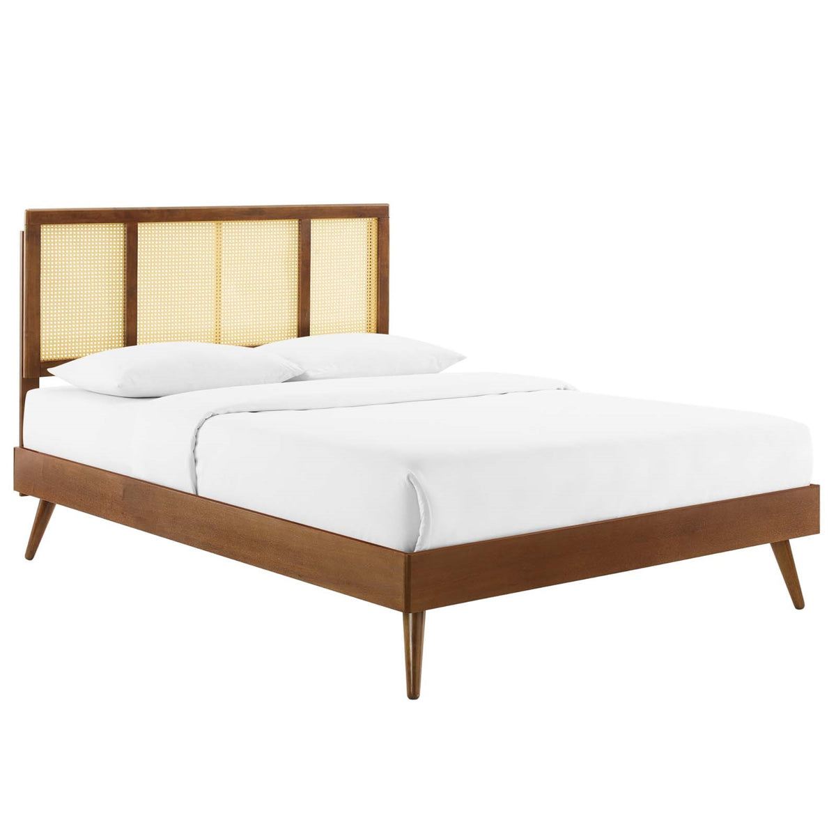 Kelsea Woven Cane Rattan Wood Full Platform Bed  Modern Style With Natural Wood, Splayed Legs  Walnut Finish  Supports Variou