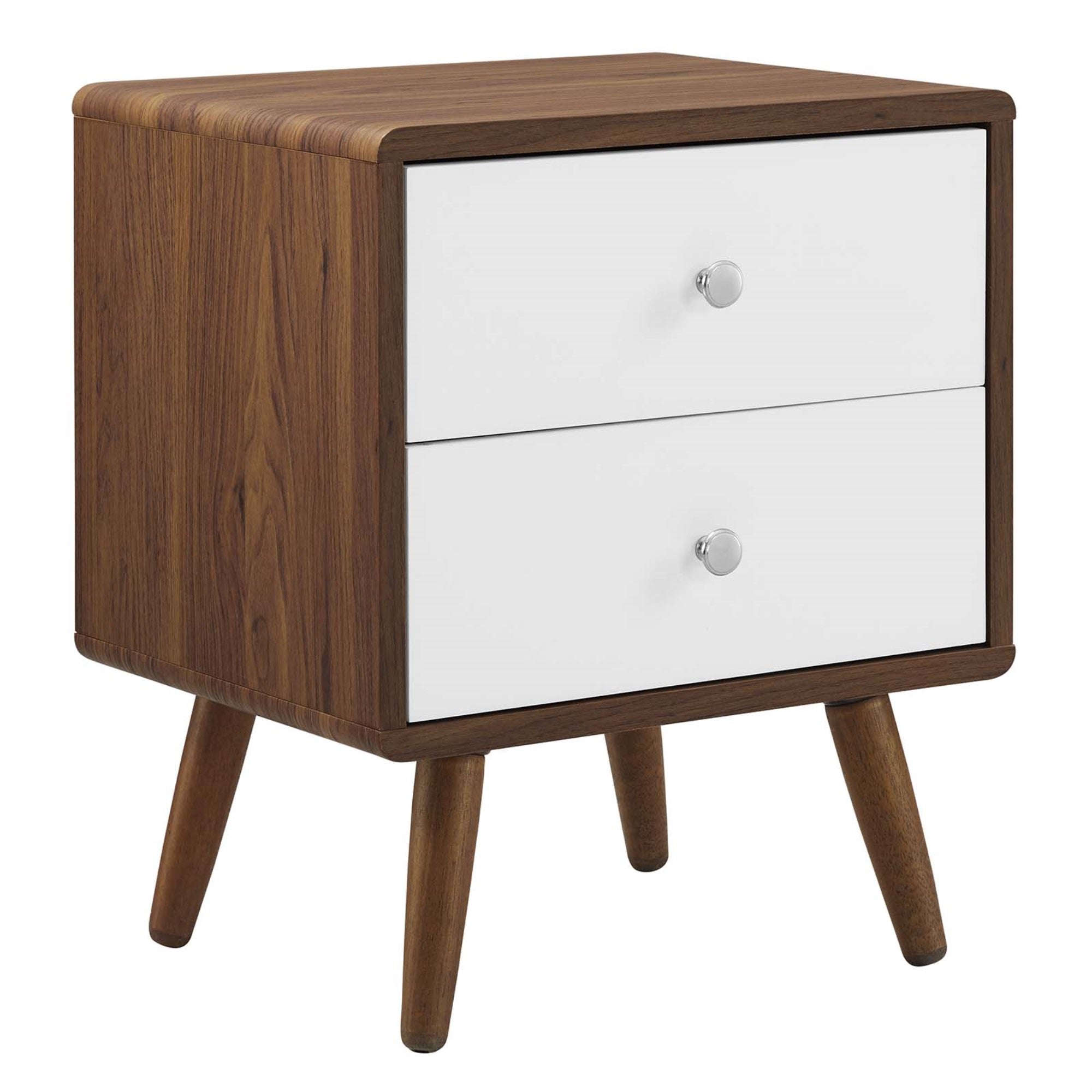 Ergode 2-Drawer Nightstand - White Lacquer Drawers, Walnut Grain Laminate - Mid-Century Design for Bedroom or Living Room.