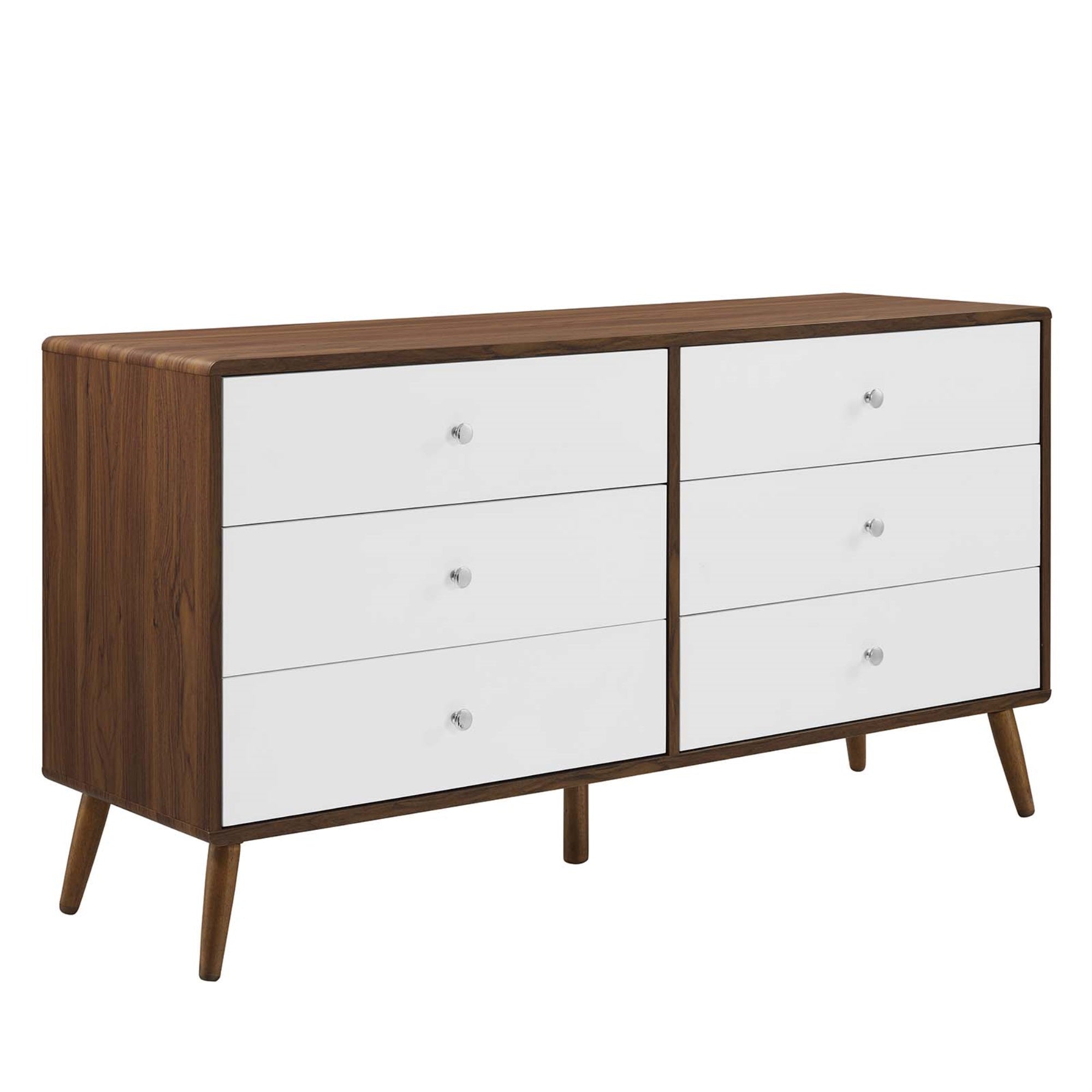 Ergode 6-Drawer Dresser | Mid-Century Style | White Lacquer | Ample Storage | Walnut Grain Finish | Tapered Legs