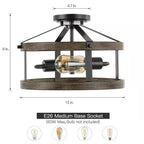 Round 13-inch Metal Wood Farmhouse 2-Light Ceiling Lamp - Semi-Flush Mount