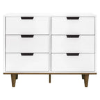 Modern Mid-Century Style 6-Drawer Double Dresser in White Walnut Wood Finish