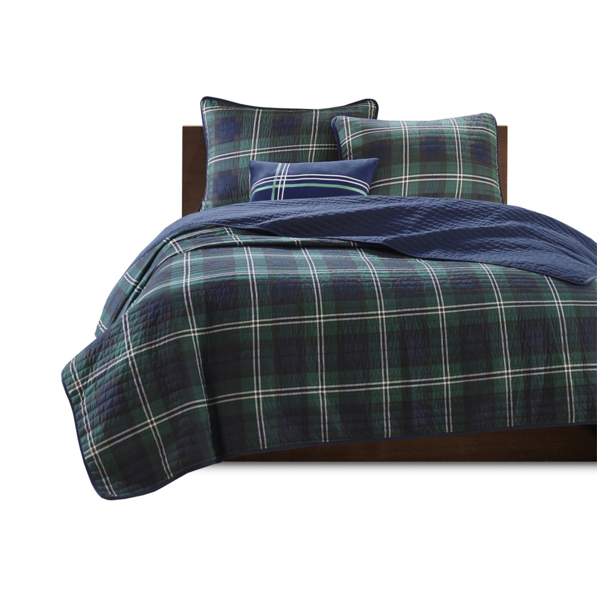 Ergode Reversible Quilt Set - Blue & Green Plaid Pattern - Includes Quilt, 2 Shams, & Decorative Pillow - Pre-Washed Cotton - Ma