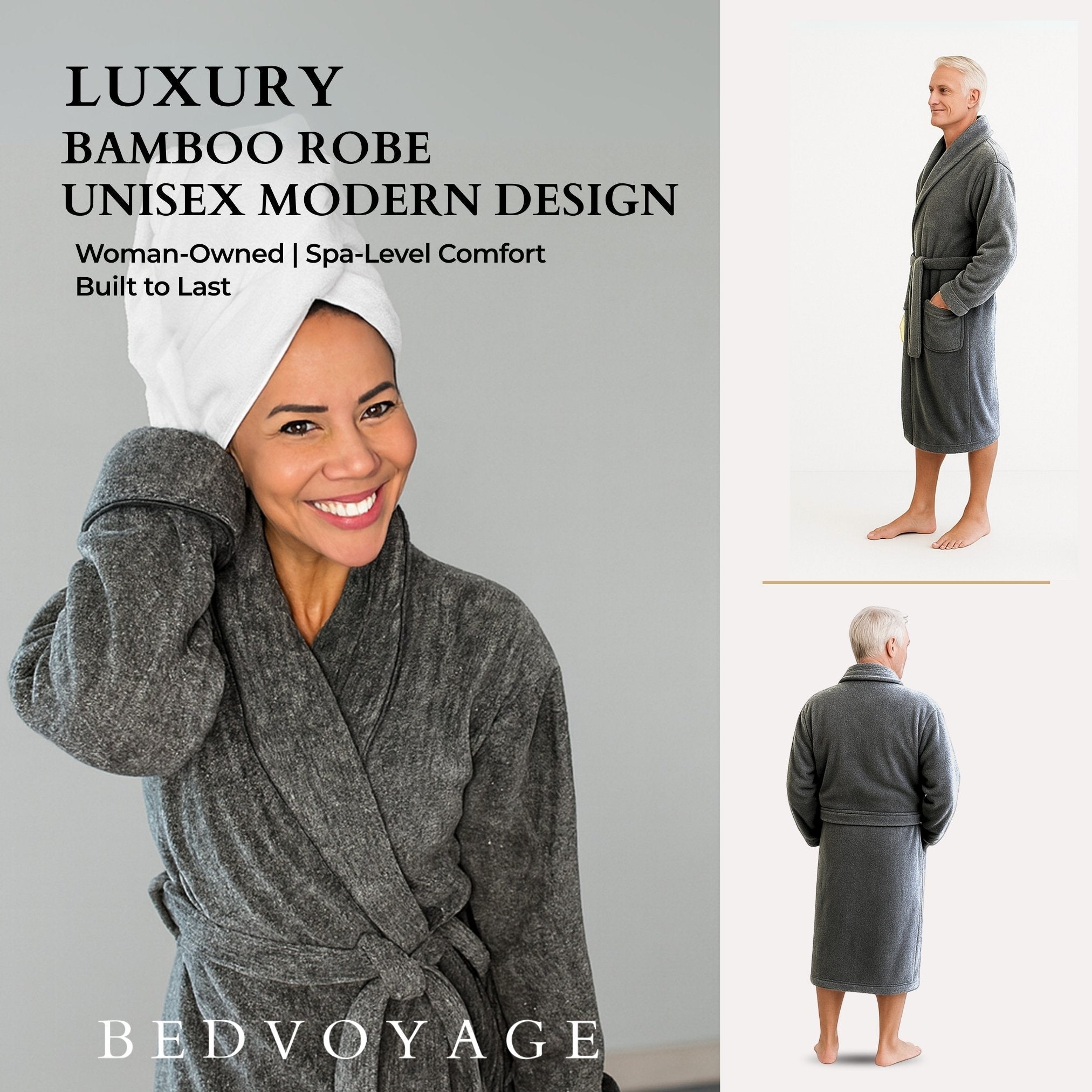 Bamboo Cotton Bath Robe - Viscose from Bamboo + Cotton - Charcoal