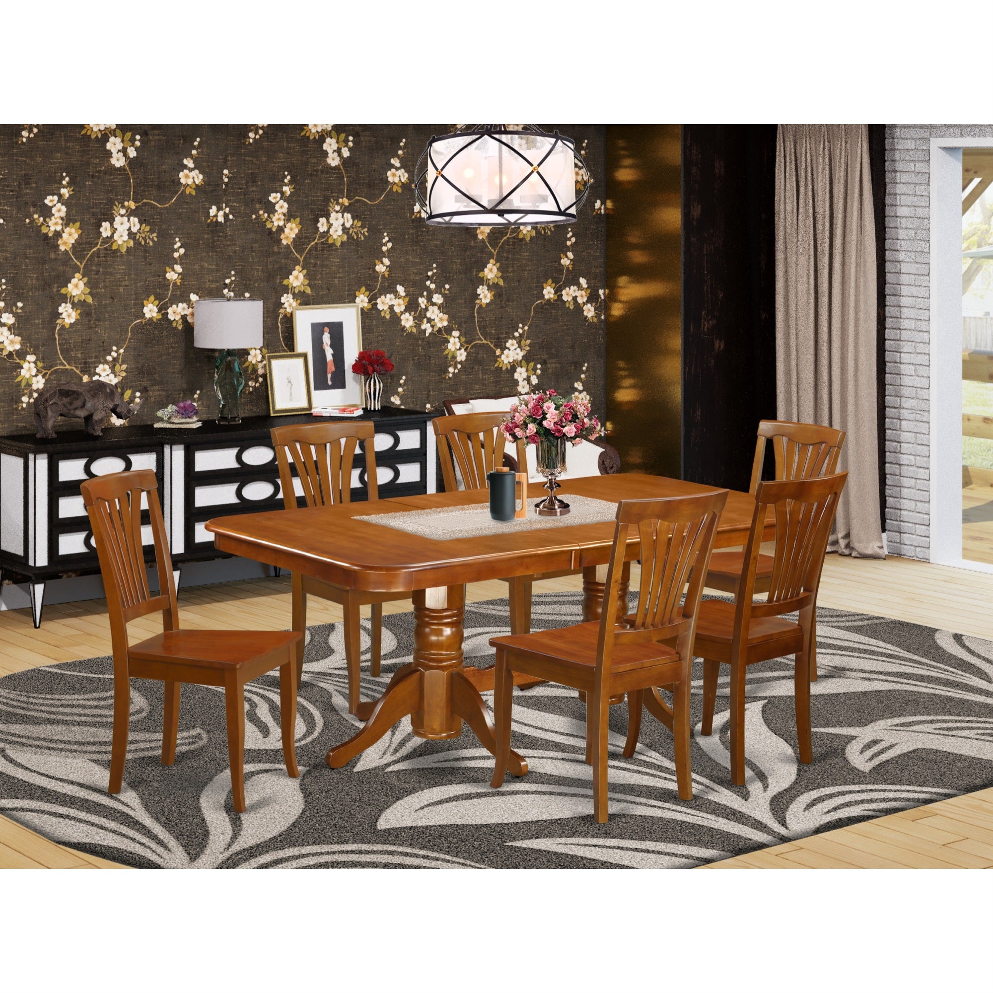 East West Furniture NAAV7-SBR-W 7 Piece Dining Room Table Set Consist of a Rectangle Kitchen Table with Butterfly Leaf and 6 Dining Chairs, 40x78 Inch, Saddle Brown