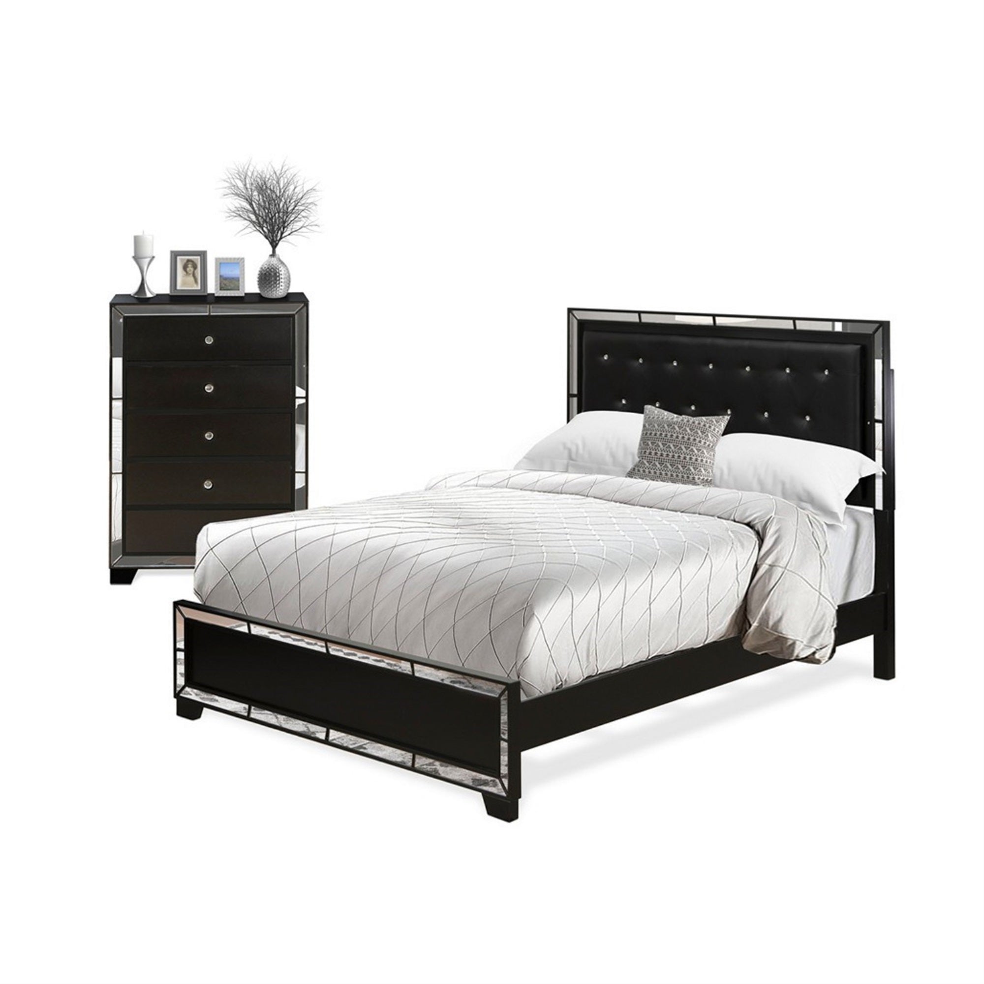 East West Furniture Ne11-Q0000C 2-Piece Nella Bedroom Set With Button Tufted Queen Bedframe And Chester Drawers - Black Faux Leather Upholstered Headboard And Black Legs