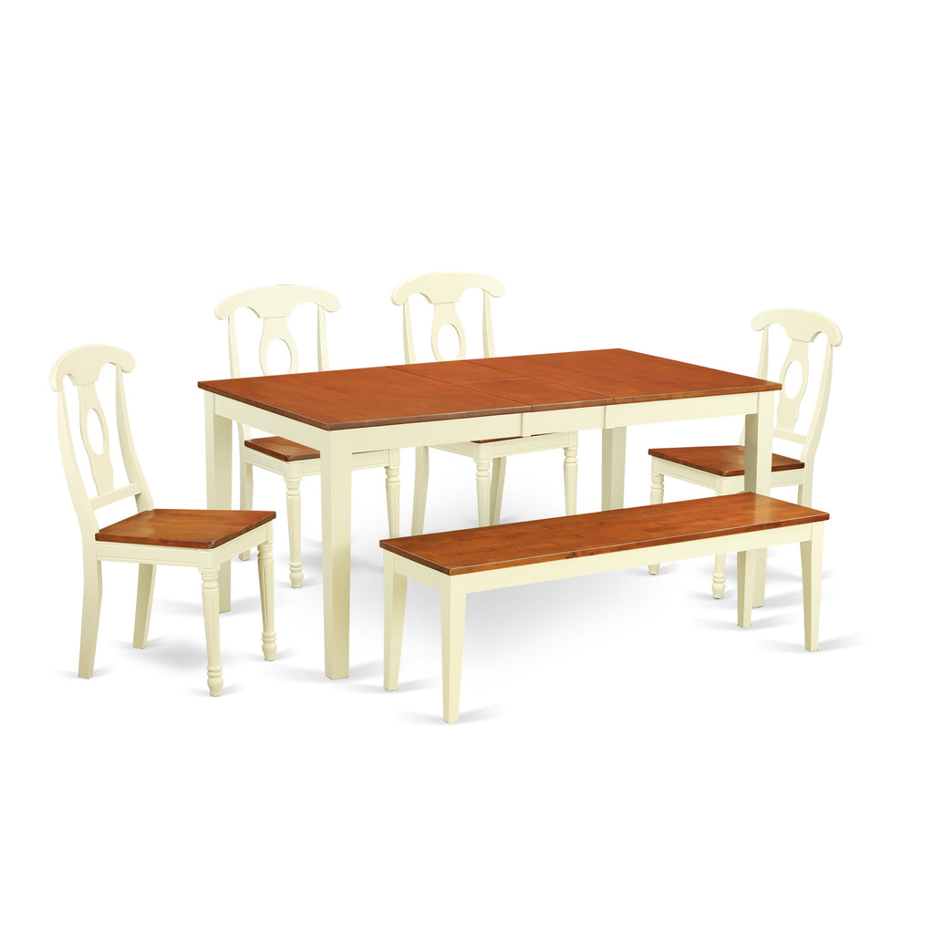 East West Furniture NIKE6-WHI-W 6 Piece Kitchen Set Contains a Rectangle Table with Butterfly Leaf and 4 Dining Room Chairs with a Bench, 36x66 Inch, Buttermilk & Cherry
