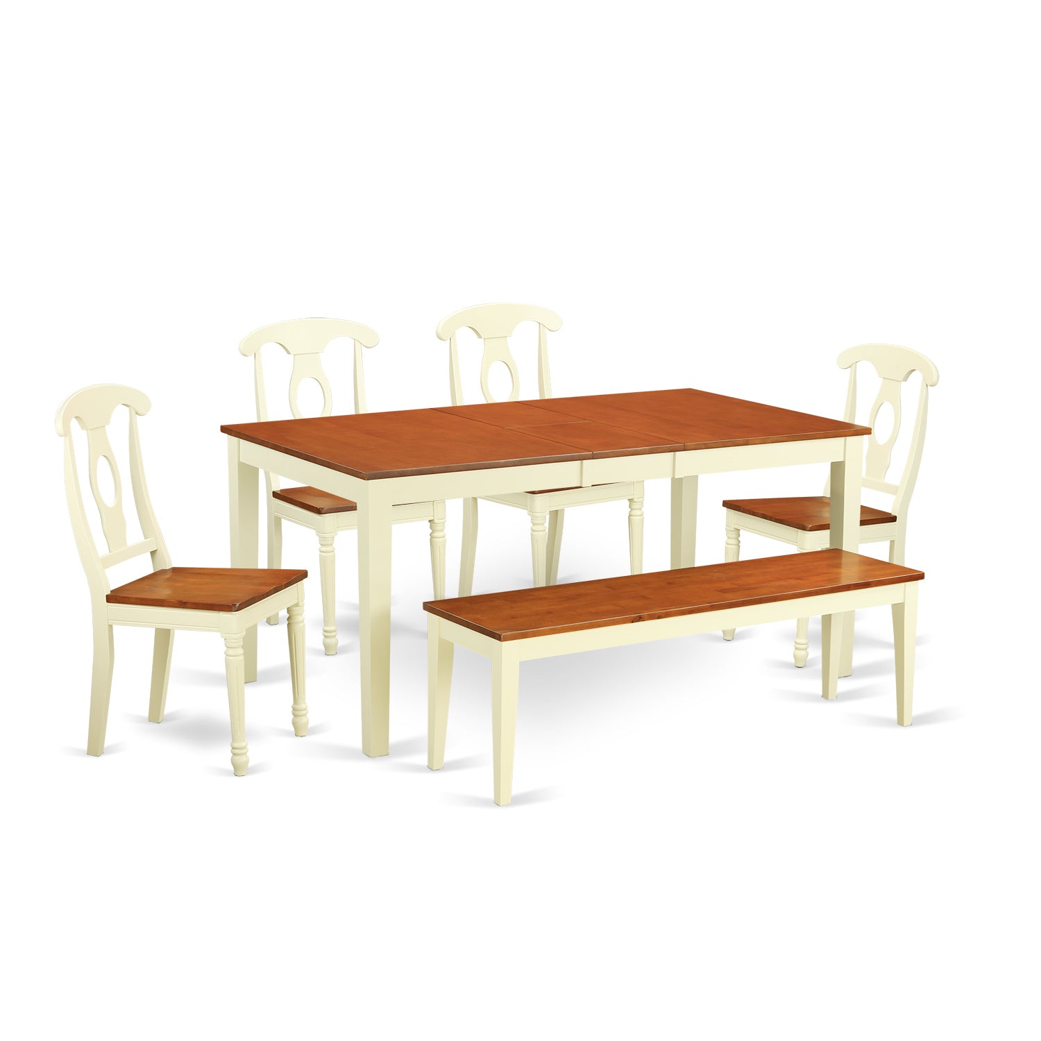 East West Furniture NIKE6-WHI-W 6 Piece Kitchen Set Contains a Rectangle Table with Butterfly Leaf and 4 Dining Room Chairs with a Bench, 36x66 Inch, Buttermilk & Cherry