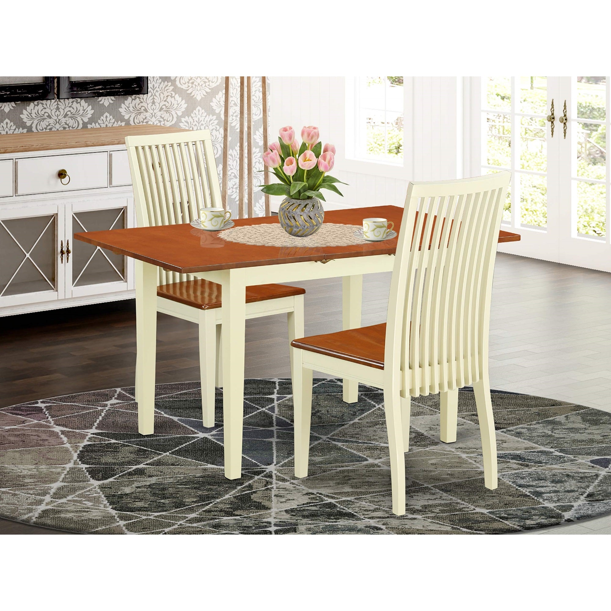 East West Furniture NOIP3-BMK-W 3 Piece Kitchen Table & Chairs Set Contains a Rectangle Dining Room Table with Butterfly Leaf and 2 Solid Wood Seat Chairs, 32x54 Inch, Buttermilk & Cherry