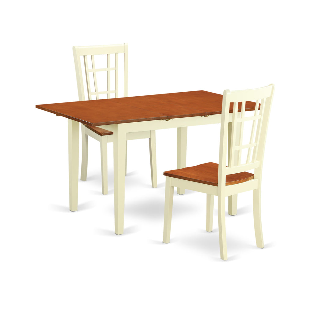 East West Furniture NONI3-WHI-W 3 Piece Dining Room Table Set Contains a Rectangle Wooden Table with Butterfly Leaf and 2 Kitchen Dining Chairs, 32x54 Inch, Buttermilk & Cherry
