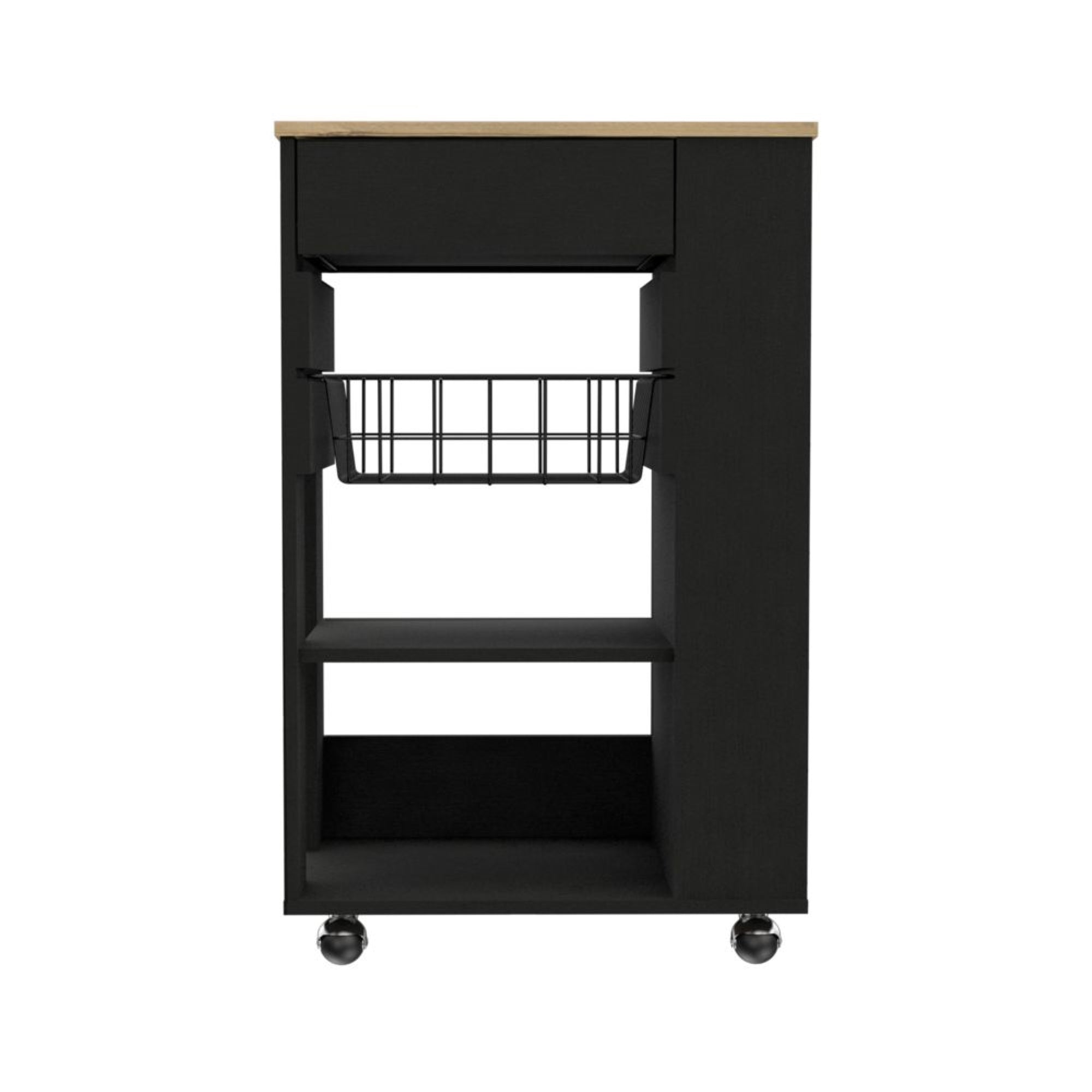 TUHOME Blosson Kitchen Cart,  One Drawer, Two Open Shelves, Rack, Four Caster Wheels-Black-Light Oak, For Kitchen Room