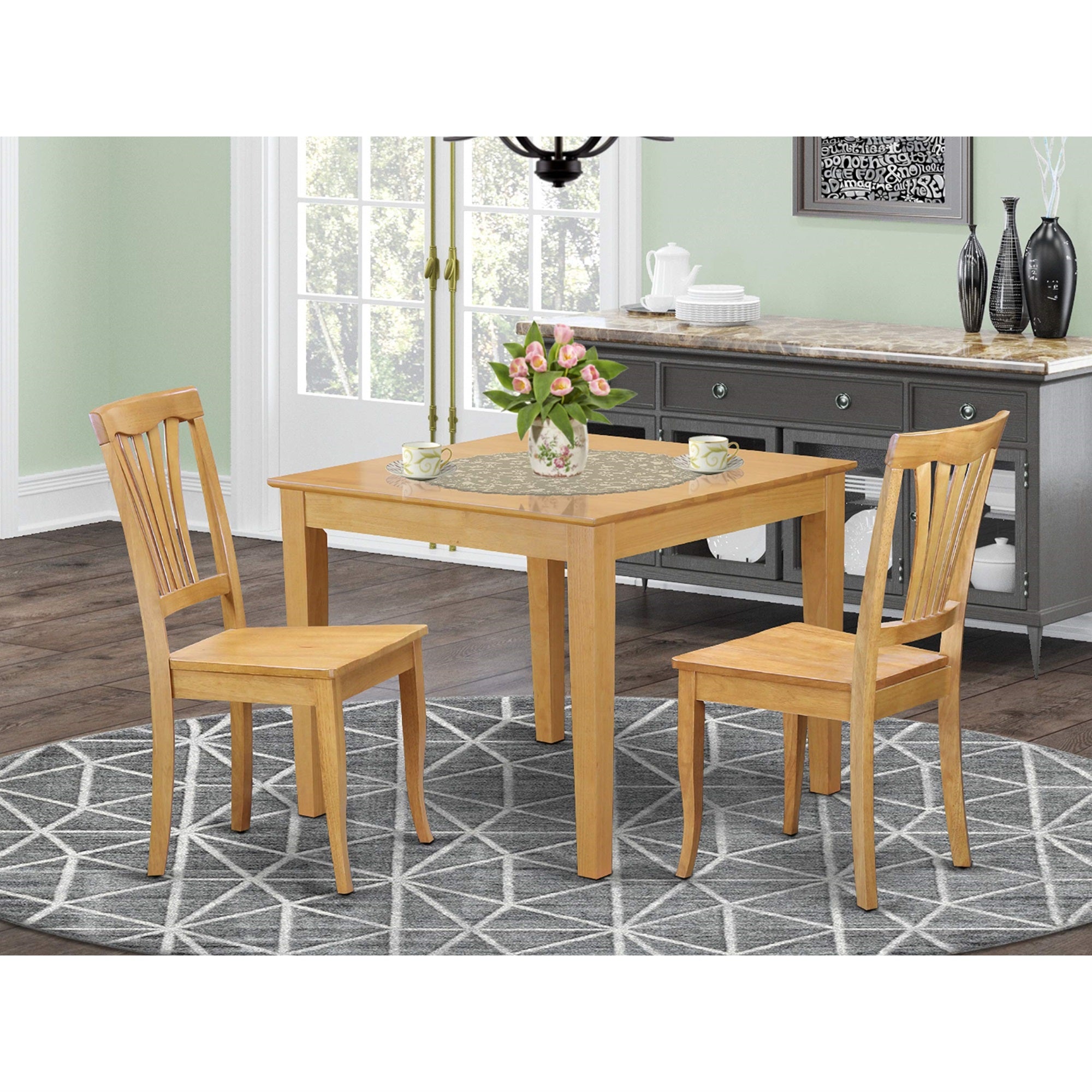 East West Furniture Oxford 3 Piece Kitchen Set Contains a Square Table and 2 Dining Room Chairs, 36x36 Inch, OXAV3-OAK-W