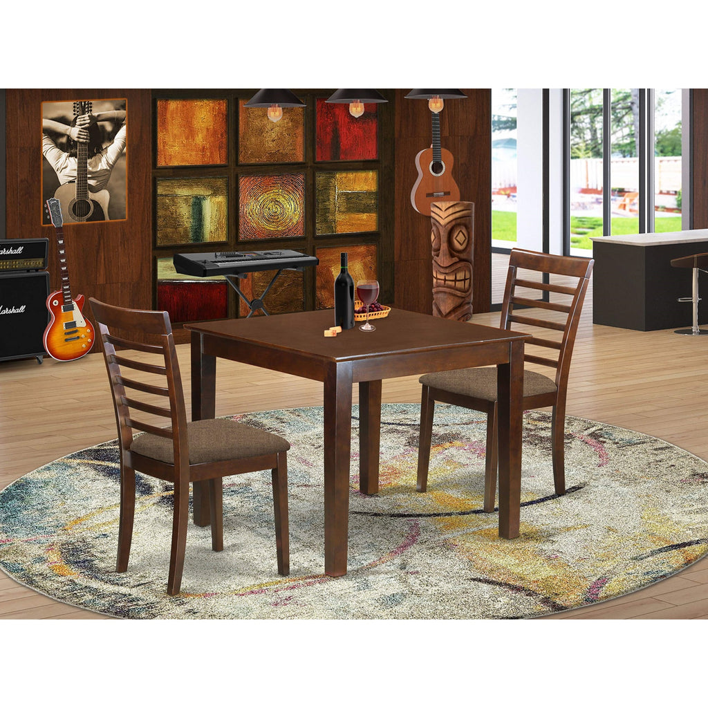 East West Furniture OXML3-MAH-C 3 Piece Set for Small Spaces Contains a Square Dining Room Table and 2 Linen Fabric Upholstered Chairs, 36x36 Inch