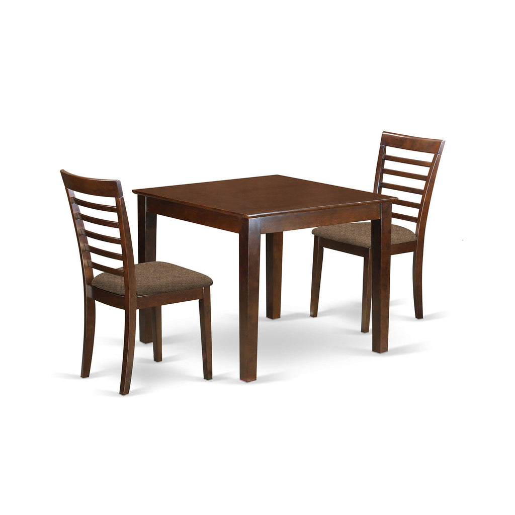 East West Furniture OXML3-MAH-C 3 Piece Set for Small Spaces Contains a Square Dining Room Table and 2 Linen Fabric Upholstered Chairs, 36x36 Inch