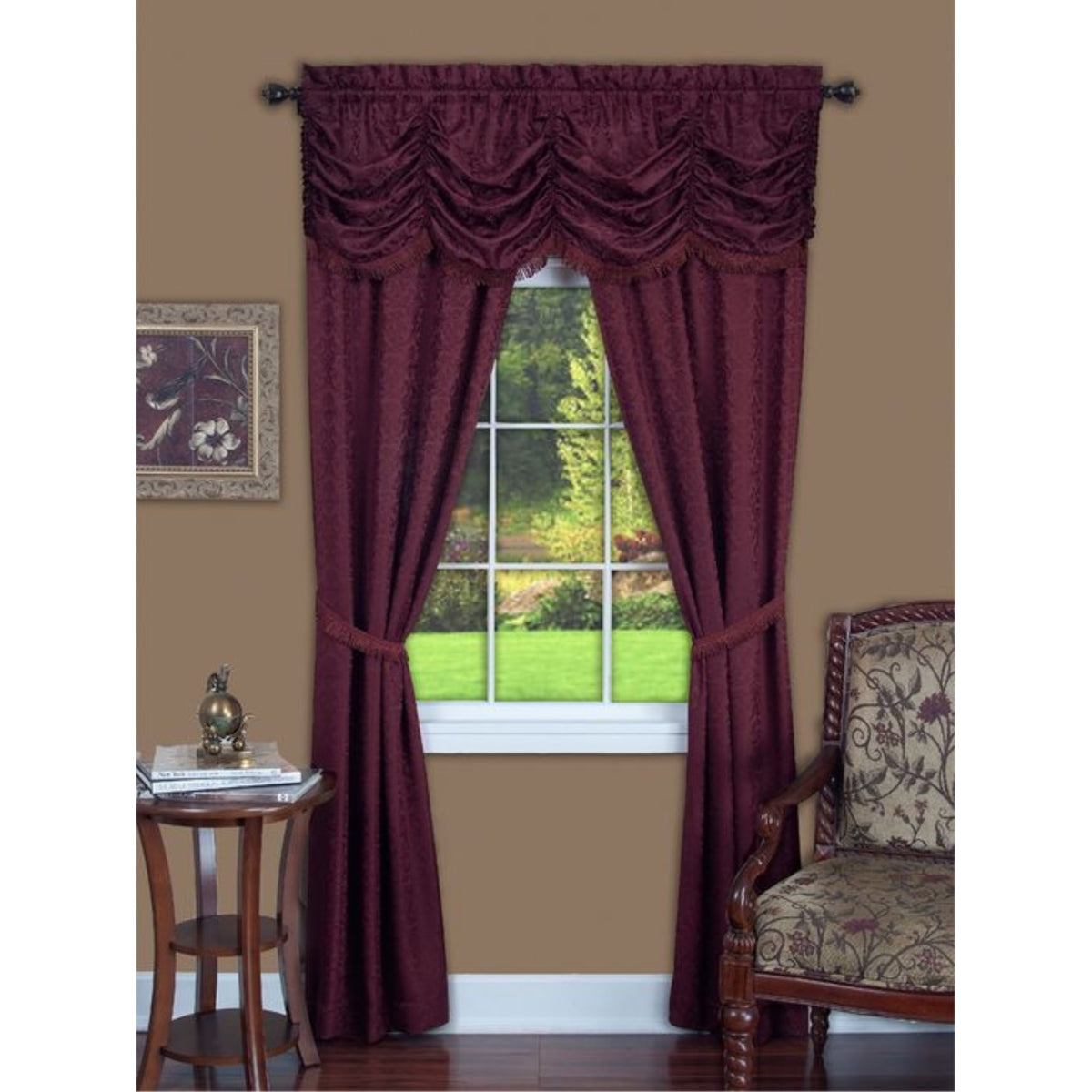 Panache Curtain Set  Austrian Valance With Panels  Woven Damask Jacquard Fabric  Bullion Fringe  Elegant Window Treatment