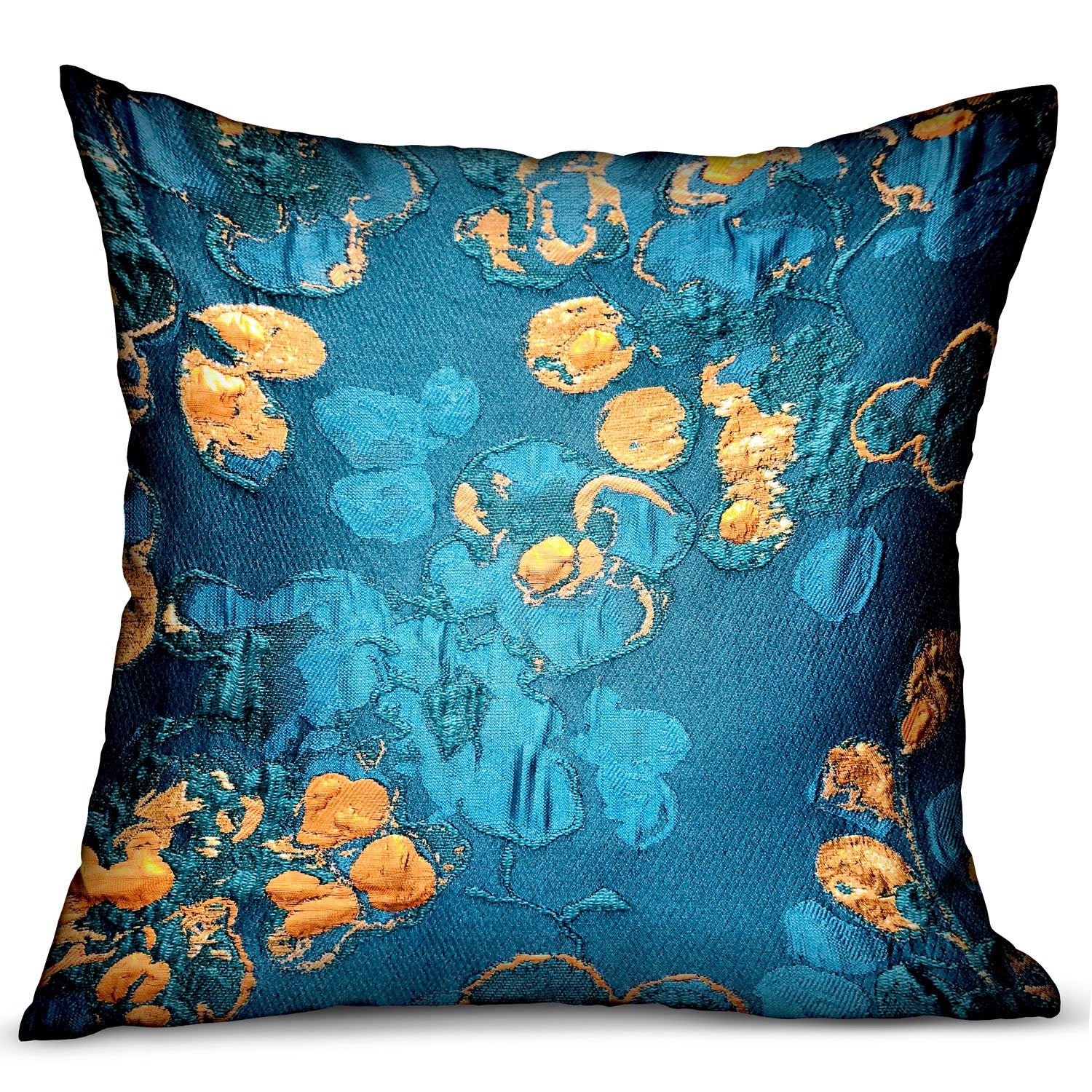 Plutus Bronze Blossom Blue Floral Luxury Throw Pillow Double Sided  16' X 16'