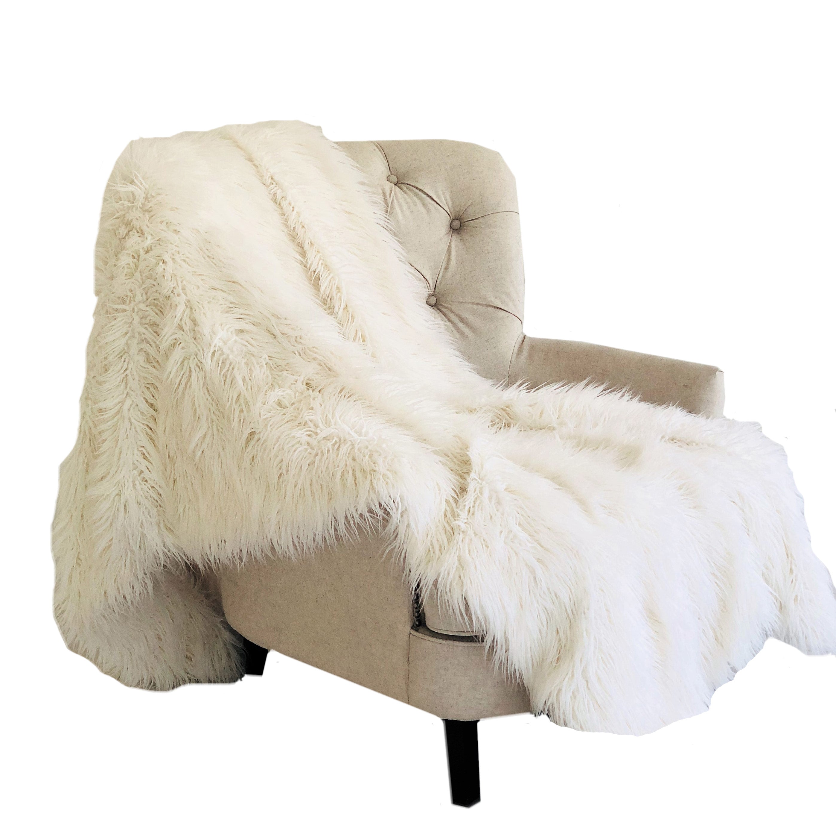 Plutus Off-White Mongolian Faux Fur Luxury Throw Blanket 96L X 110W Queen