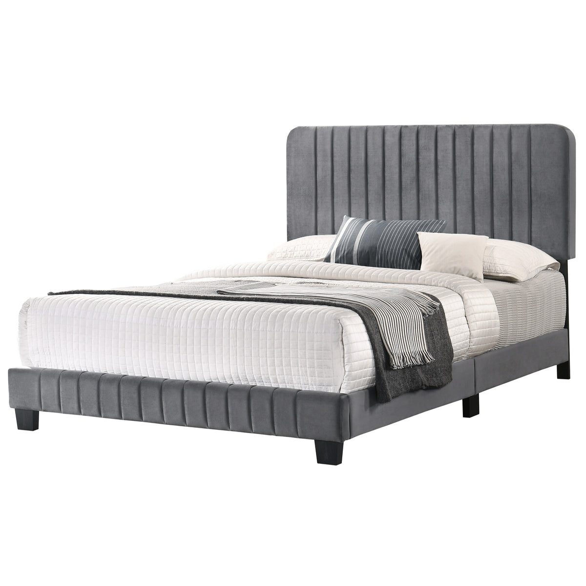 Lodi Gray Velvet Upholstered Channel Tufted King Panel Bed