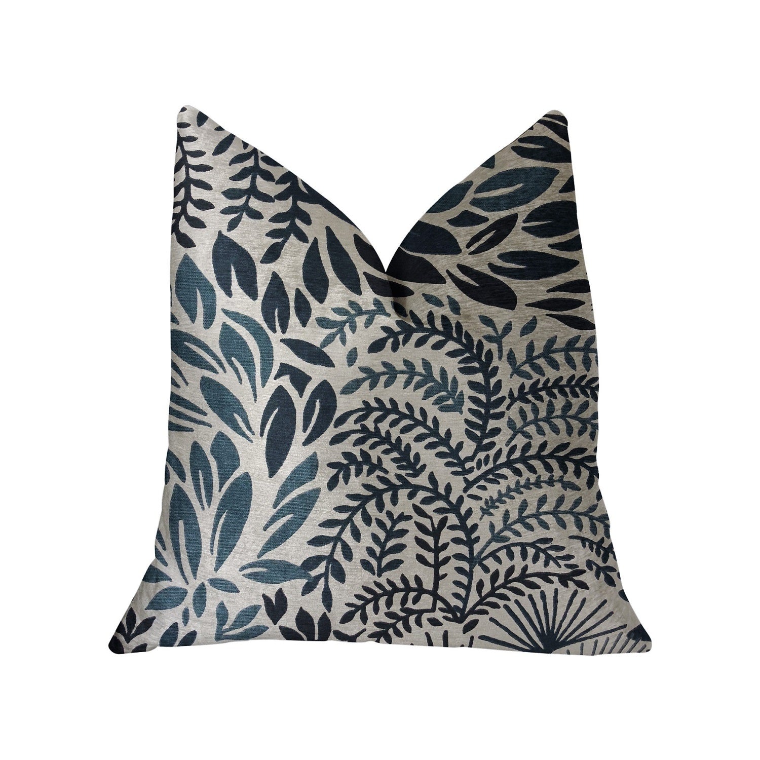 Plutus Leaf Snap Blue And Beige Luxury Throw Pillow - Double Sided  18' X 18'