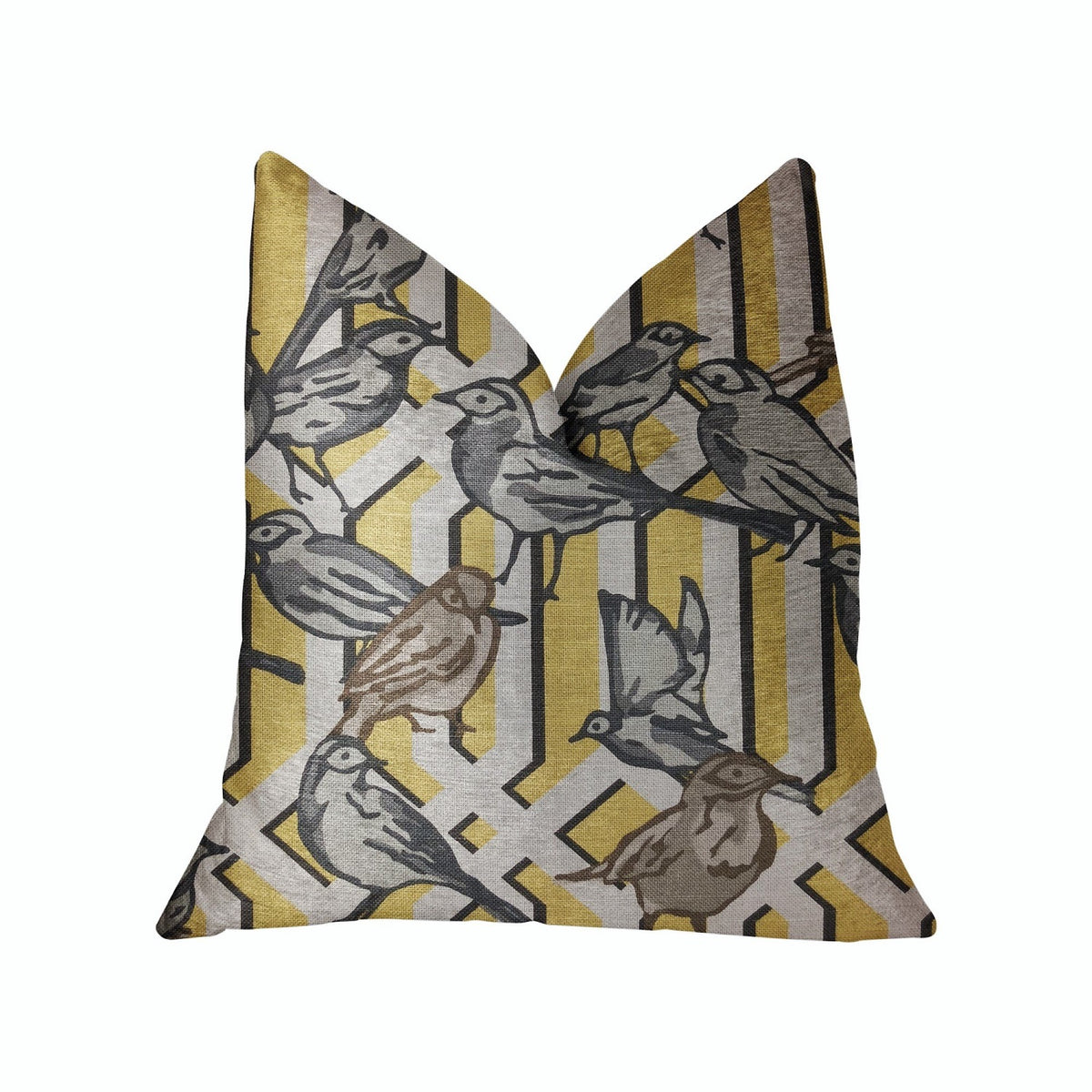 Plutus Song Bird Gardens Yellow, Beige And Gray Luxury Throw Pillow - Double Sided  18' X 18'