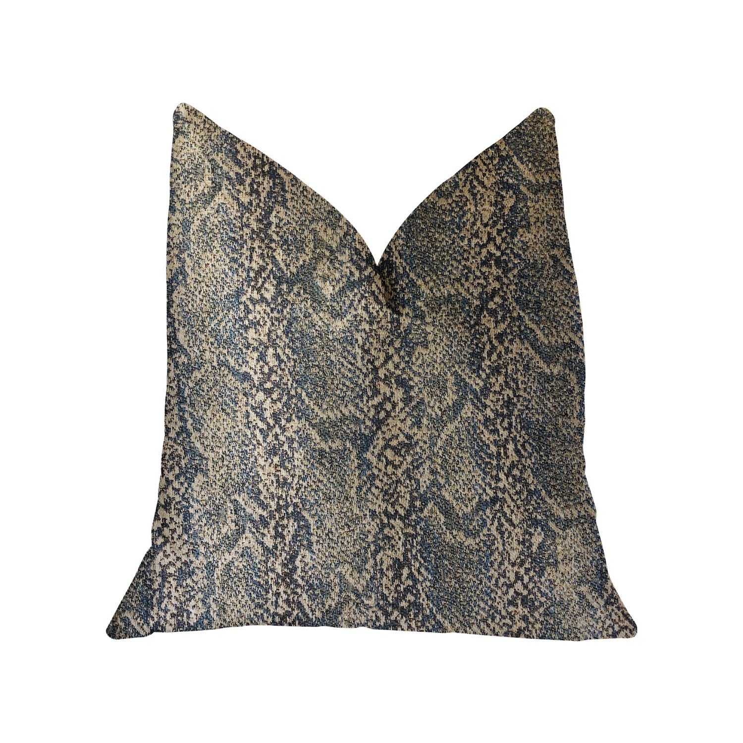Plutus Exotic Phantom  Blue And Gold Luxury Throw Pillow - Double Sided  22' X 22'