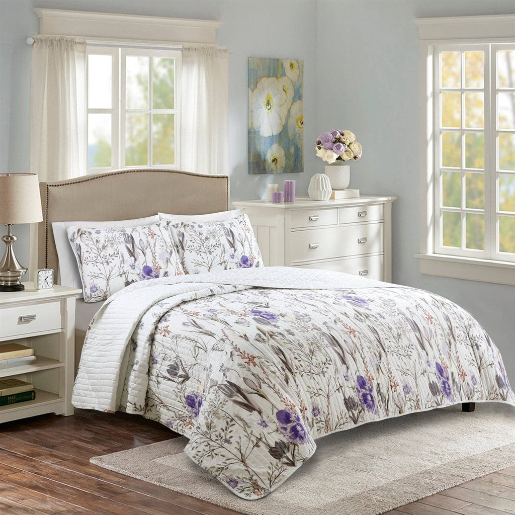 Full/Queen Size Lightweight Purple Grey White Floral Quilt Set