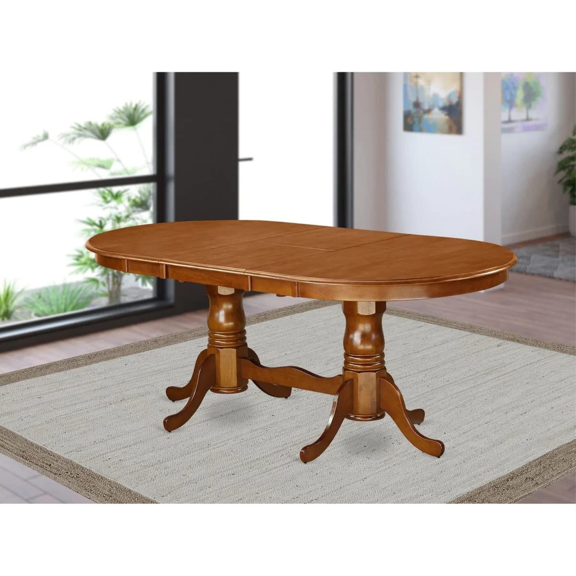 East West Furniture PVT-SBR-TP Plainville Kitchen Table - an Oval Dining Table Top with Butterfly Leaf & Double Pedestal Base, 42x78 Inch, Saddle Brown