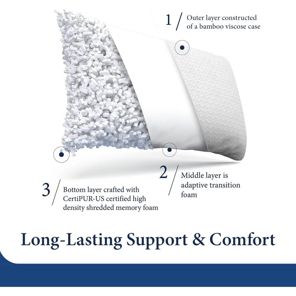 Queen Shredded Memory Foam Pillow with Luxury Soft Cool Bamboo Breathable Cover