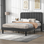 Queen size Dark Grey Upholstered Platform Bed Frame with Headboard